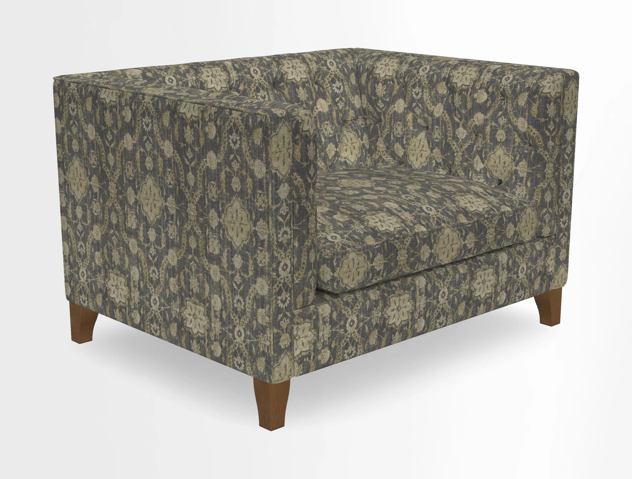 Haresfield Snuggler Dipped Arms in Mohair Lichen Seat Cushion in RHS Gertrude Jekyll Meadow Flower Olive and Scatters in RHS Gertrude Jekyll Folklore Olive