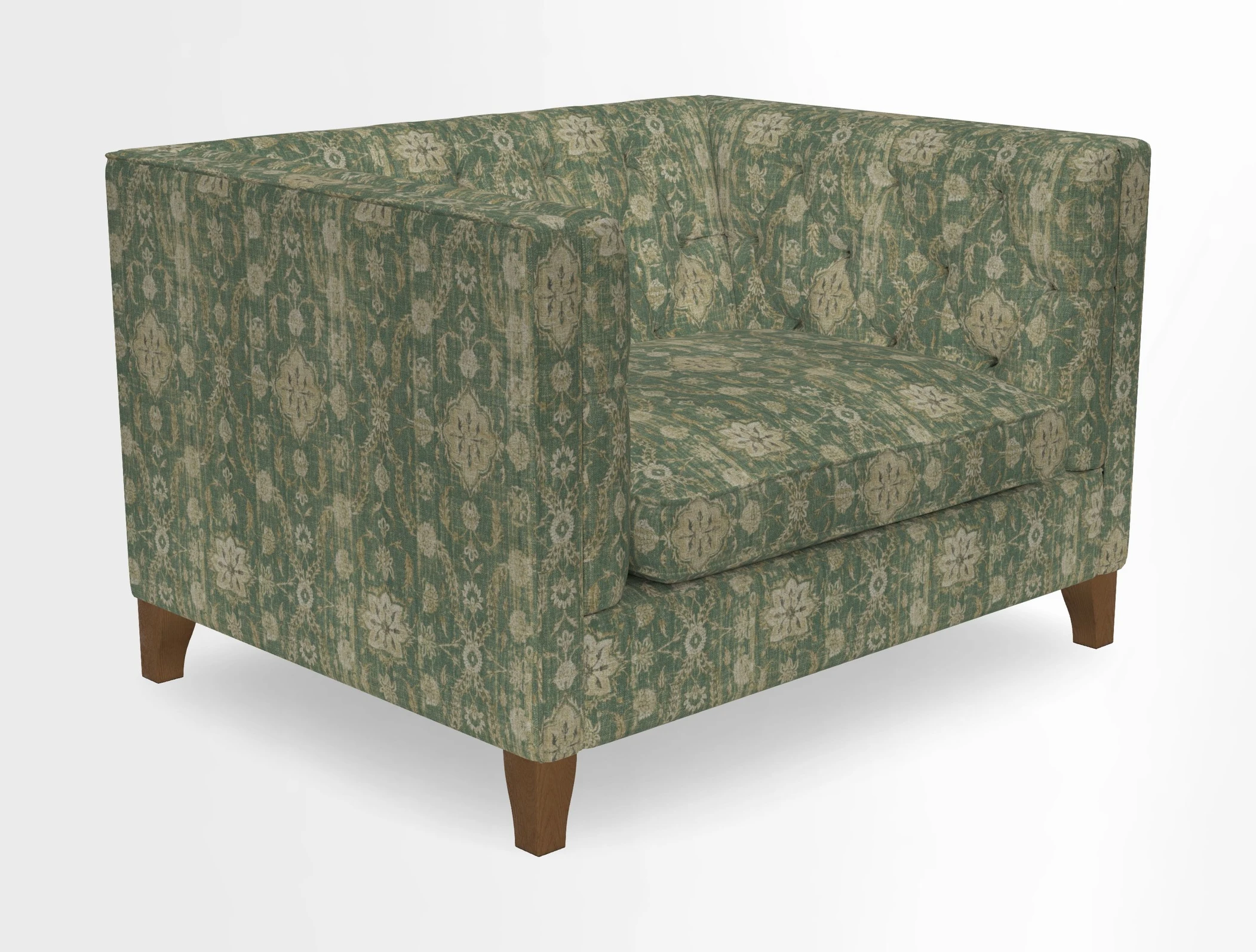 Haresfield Snuggler Dipped Arms in Mohair Lichen Seat Cushion in RHS Gertrude Jekyll Meadow Flower Olive and Scatters in RHS Gertrude Jekyll Folklore Olive