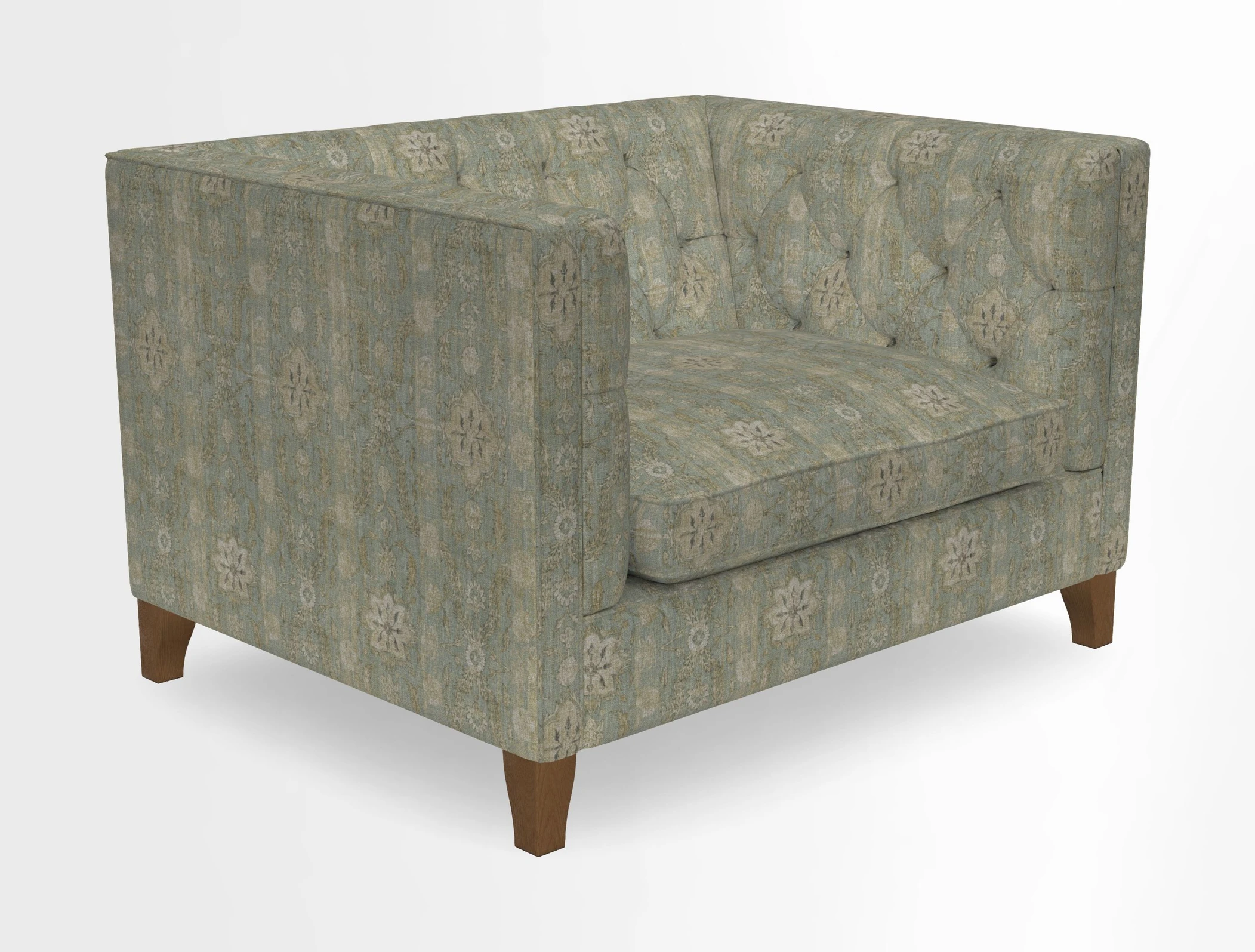 Haresfield Snuggler Dipped Arms in Mohair Lichen Seat Cushion in RHS Gertrude Jekyll Meadow Flower Olive and Scatters in RHS Gertrude Jekyll Folklore Olive