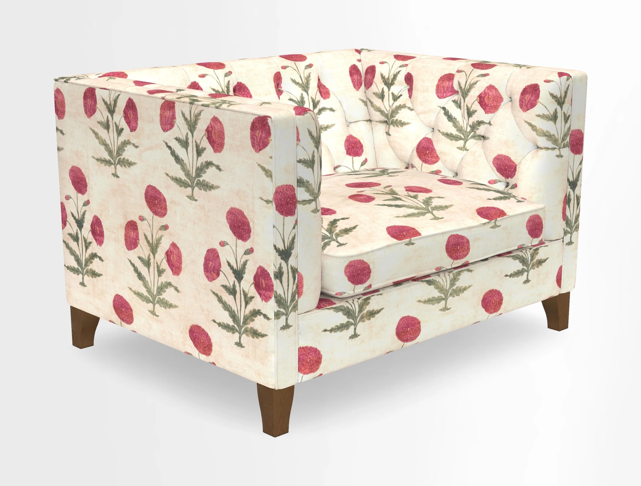 Haresfield Snuggler Dipped Arms in Mohair Lichen Seat Cushion in RHS Gertrude Jekyll Meadow Flower Olive and Scatters in RHS Gertrude Jekyll Folklore Olive