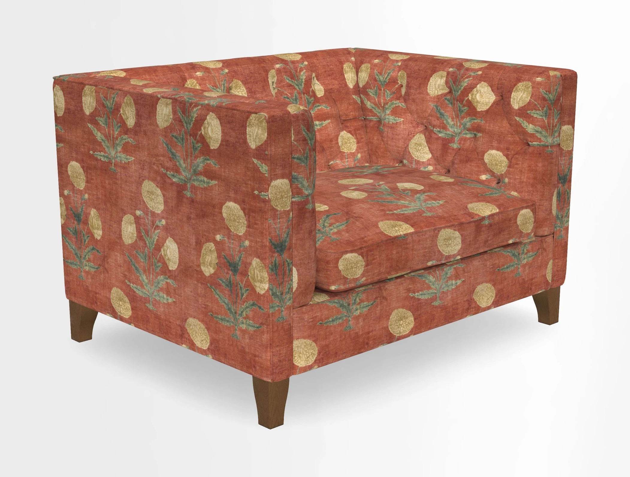 Haresfield Snuggler Dipped Arms in Mohair Lichen Seat Cushion in RHS Gertrude Jekyll Meadow Flower Olive and Scatters in RHS Gertrude Jekyll Folklore Olive