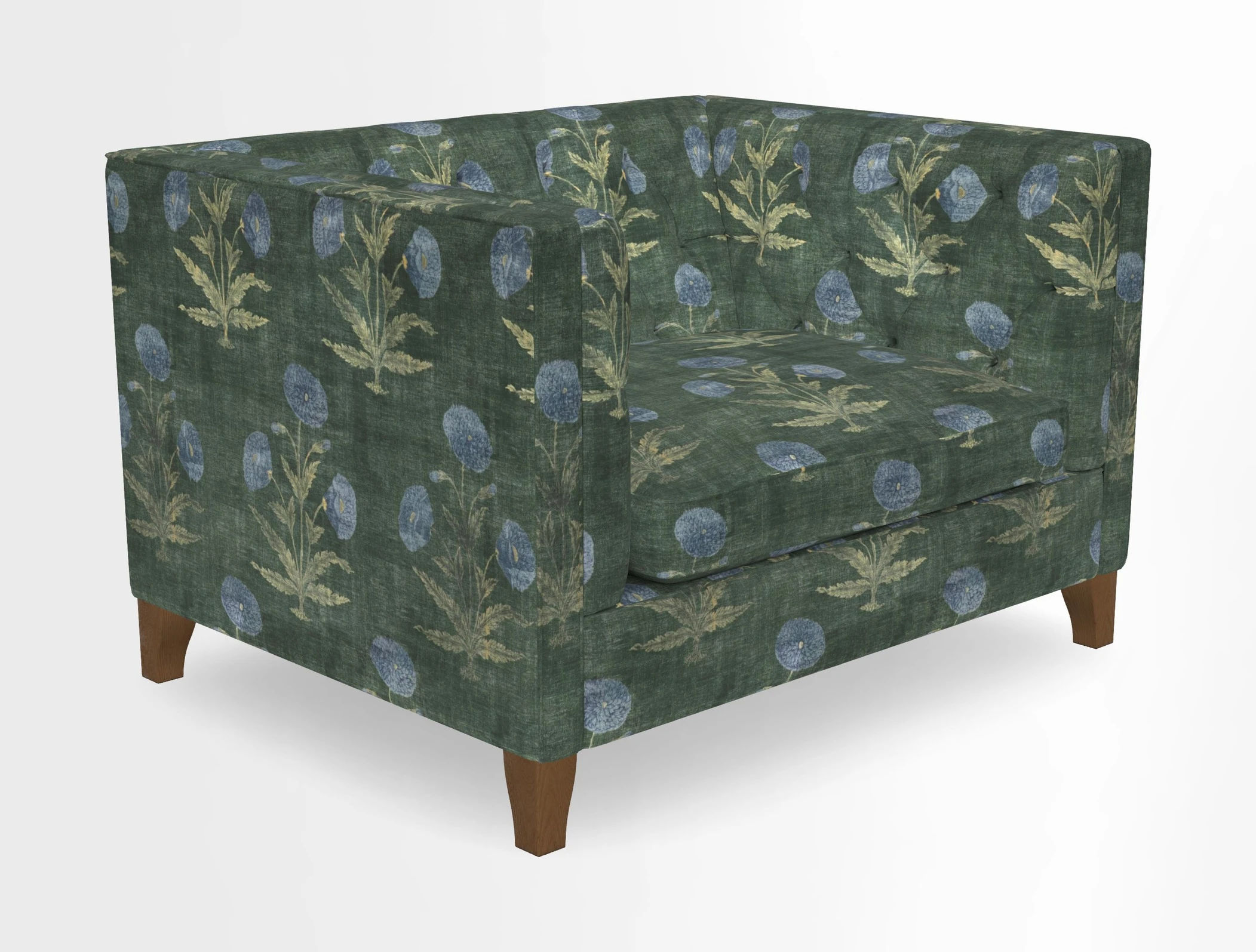 Haresfield Snuggler Dipped Arms in Mohair Lichen Seat Cushion in RHS Gertrude Jekyll Meadow Flower Olive and Scatters in RHS Gertrude Jekyll Folklore Olive