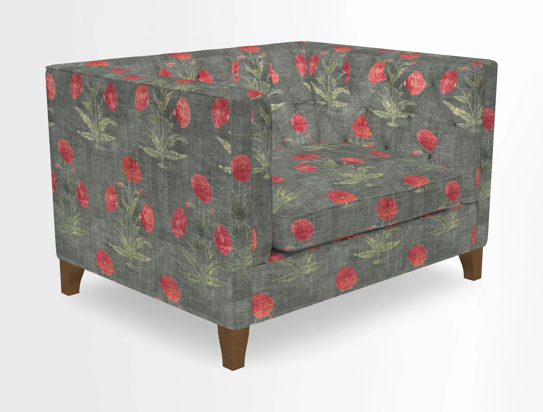 Haresfield Snuggler Dipped Arms in Mohair Lichen Seat Cushion in RHS Gertrude Jekyll Meadow Flower Olive and Scatters in RHS Gertrude Jekyll Folklore Olive