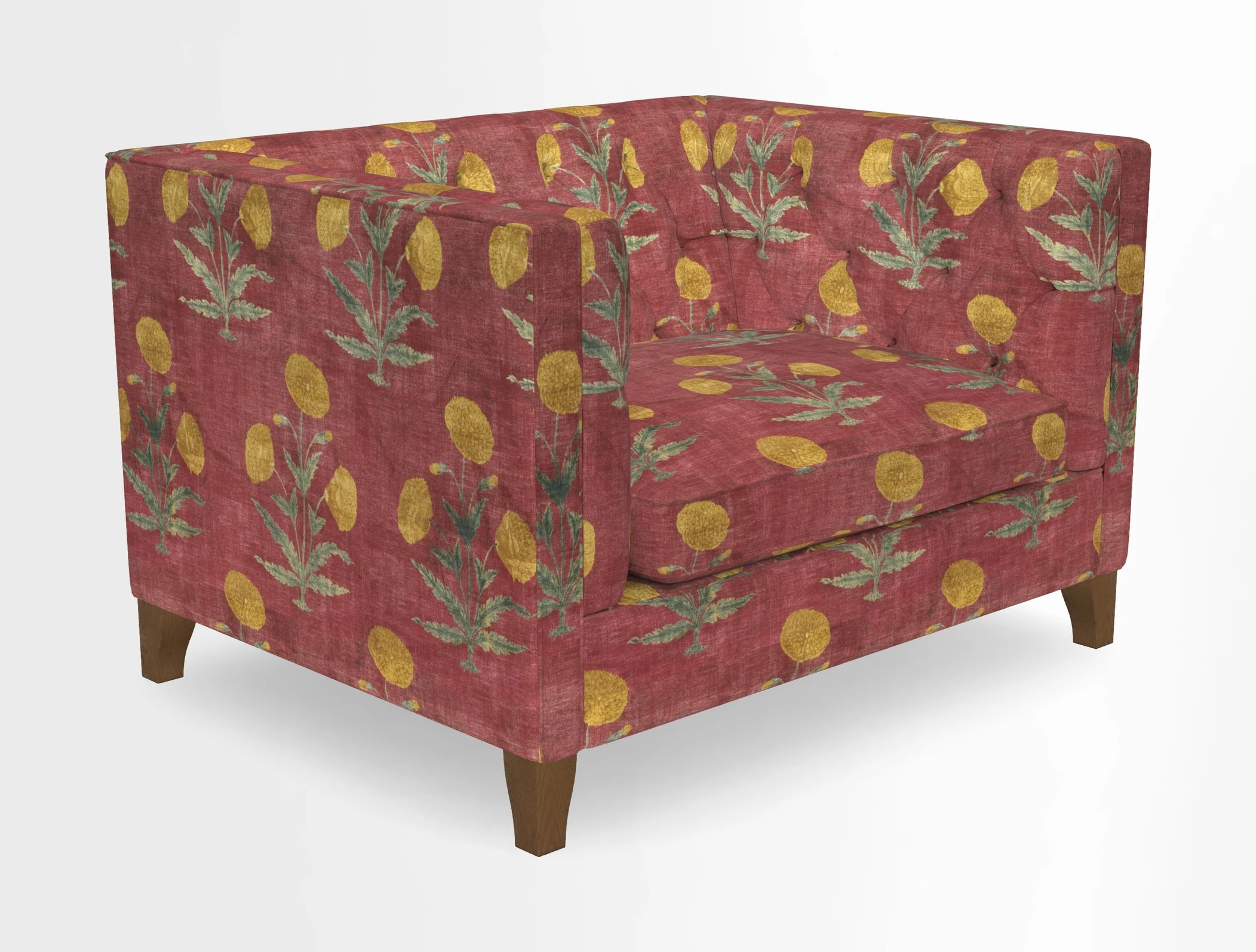 Haresfield Snuggler Dipped Arms in Mohair Lichen Seat Cushion in RHS Gertrude Jekyll Meadow Flower Olive and Scatters in RHS Gertrude Jekyll Folklore Olive