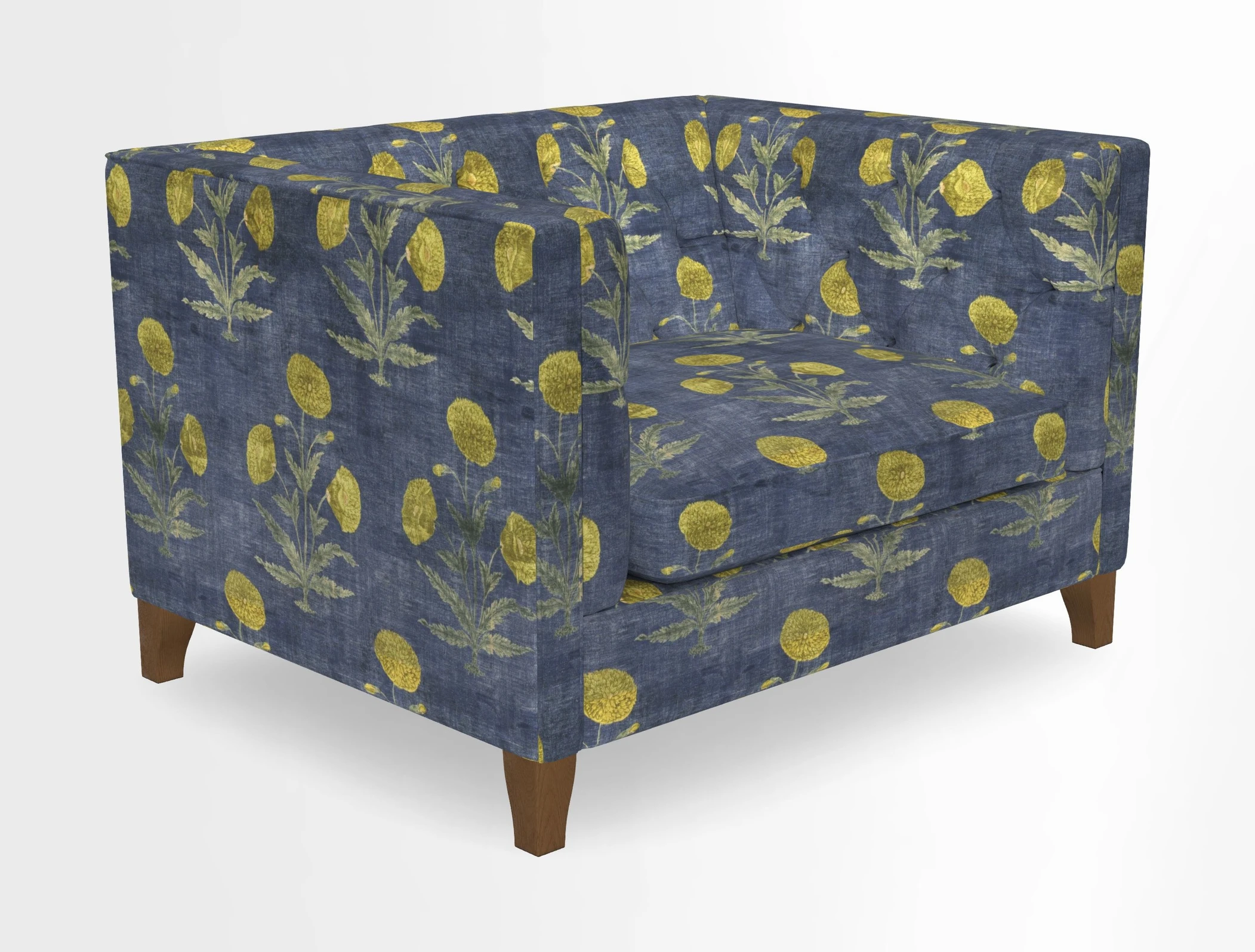 Haresfield Snuggler Dipped Arms in Mohair Lichen Seat Cushion in RHS Gertrude Jekyll Meadow Flower Olive and Scatters in RHS Gertrude Jekyll Folklore Olive