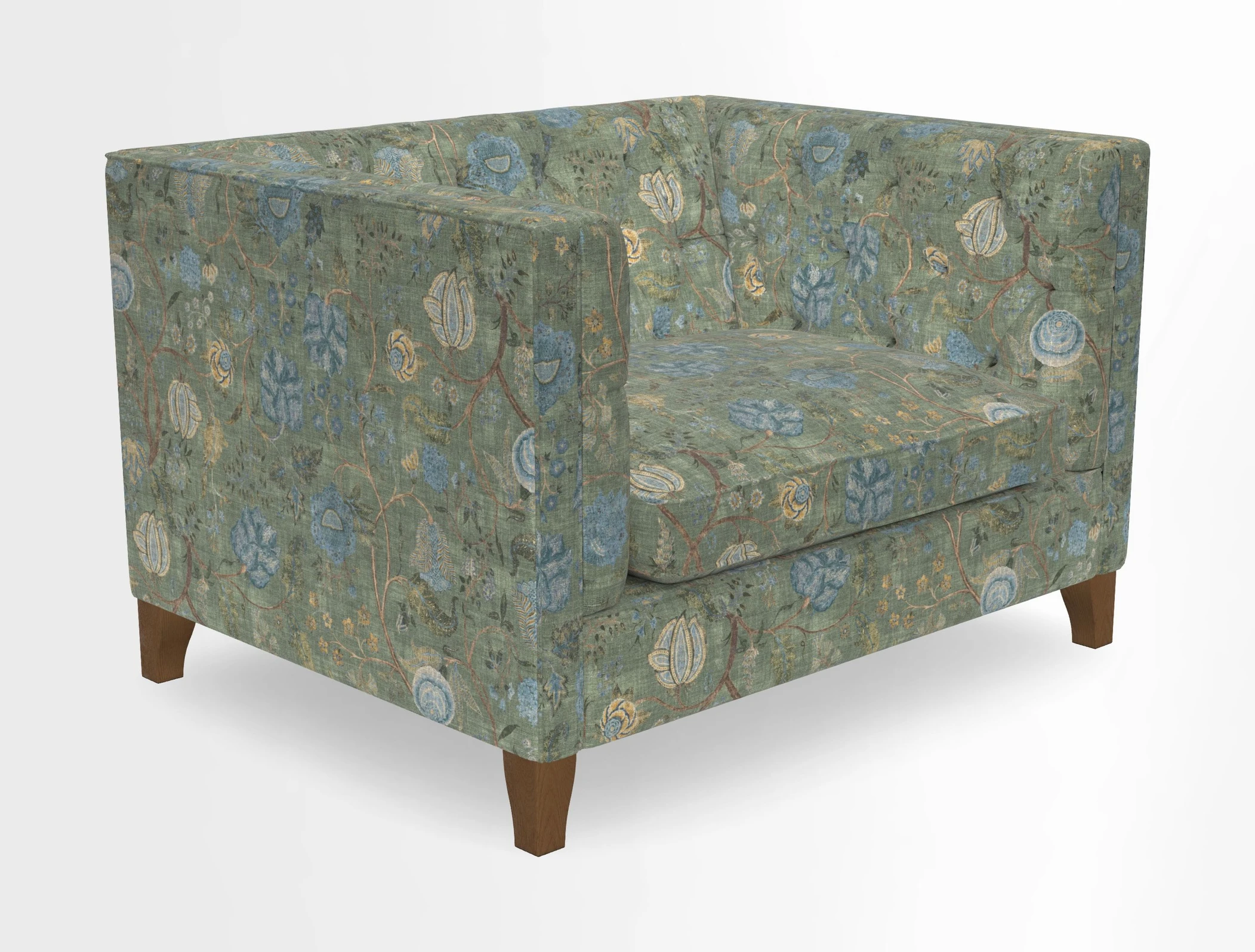 Haresfield Snuggler Dipped Arms in Mohair Lichen Seat Cushion in RHS Gertrude Jekyll Meadow Flower Olive and Scatters in RHS Gertrude Jekyll Folklore Olive