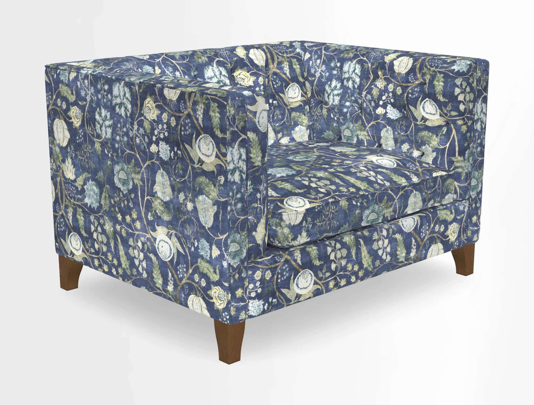Haresfield Snuggler Dipped Arms in Mohair Lichen Seat Cushion in RHS Gertrude Jekyll Meadow Flower Olive and Scatters in RHS Gertrude Jekyll Folklore Olive