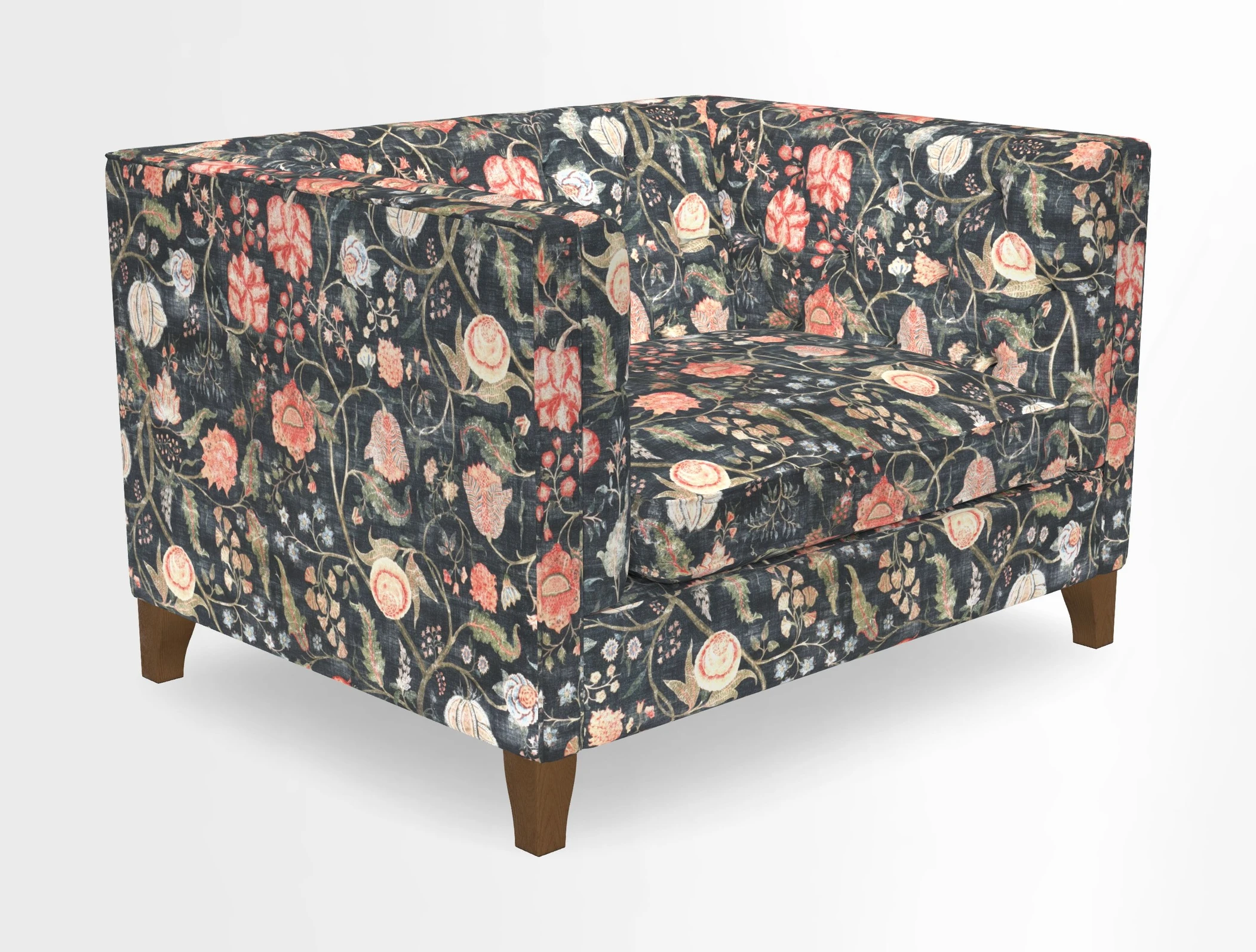 Haresfield Snuggler Dipped Arms in Mohair Lichen Seat Cushion in RHS Gertrude Jekyll Meadow Flower Olive and Scatters in RHS Gertrude Jekyll Folklore Olive