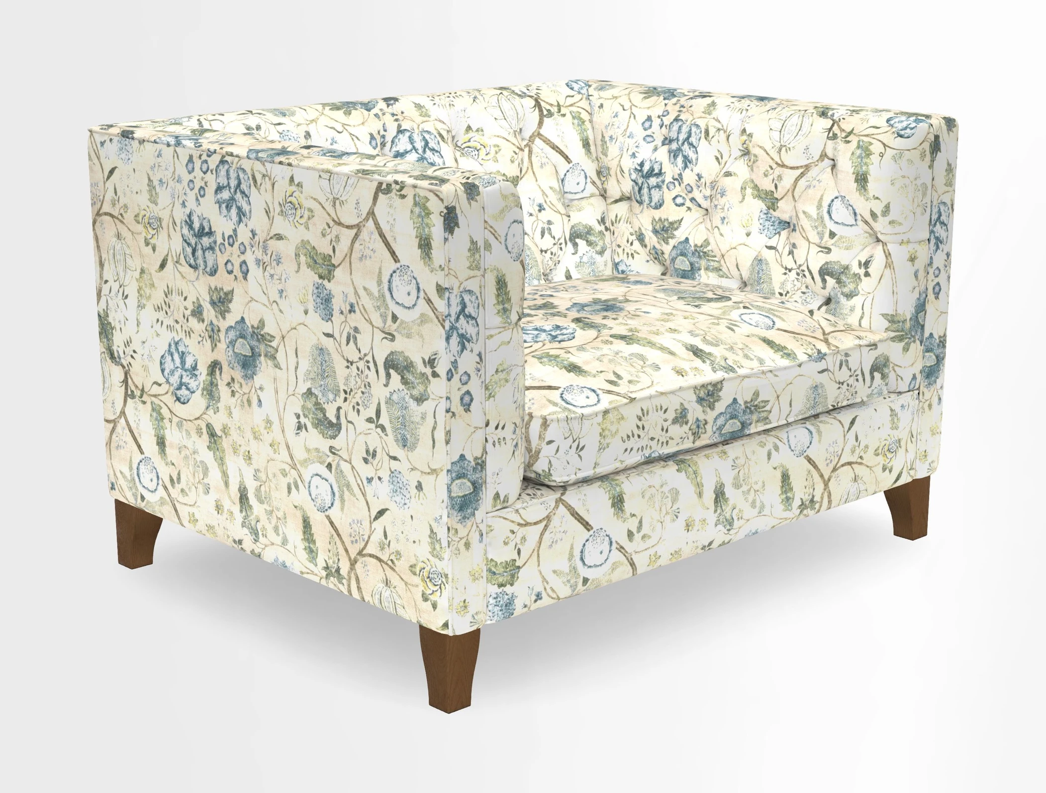 Haresfield Snuggler Dipped Arms in Mohair Lichen Seat Cushion in RHS Gertrude Jekyll Meadow Flower Olive and Scatters in RHS Gertrude Jekyll Folklore Olive