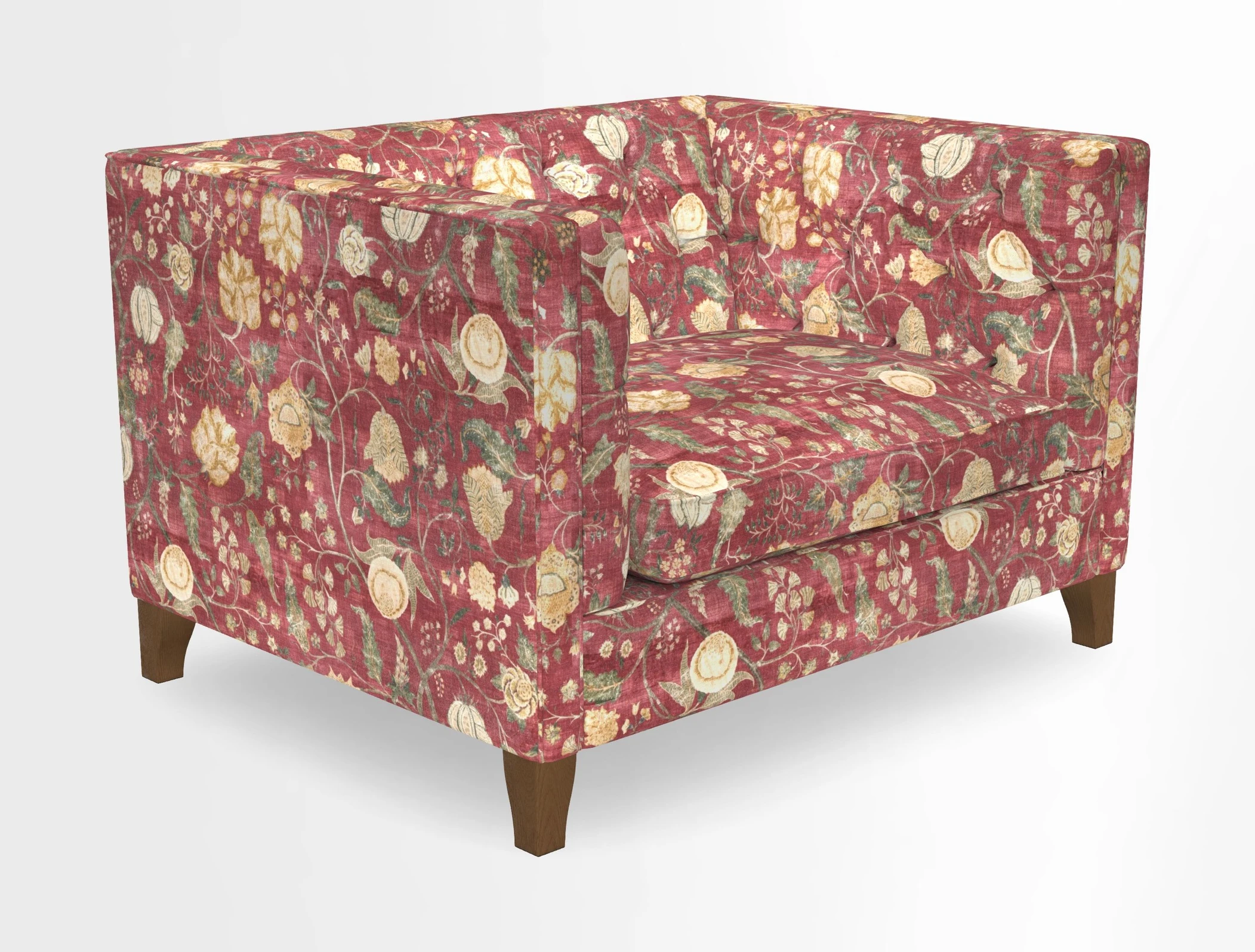 Haresfield Snuggler Dipped Arms in Mohair Lichen Seat Cushion in RHS Gertrude Jekyll Meadow Flower Olive and Scatters in RHS Gertrude Jekyll Folklore Olive