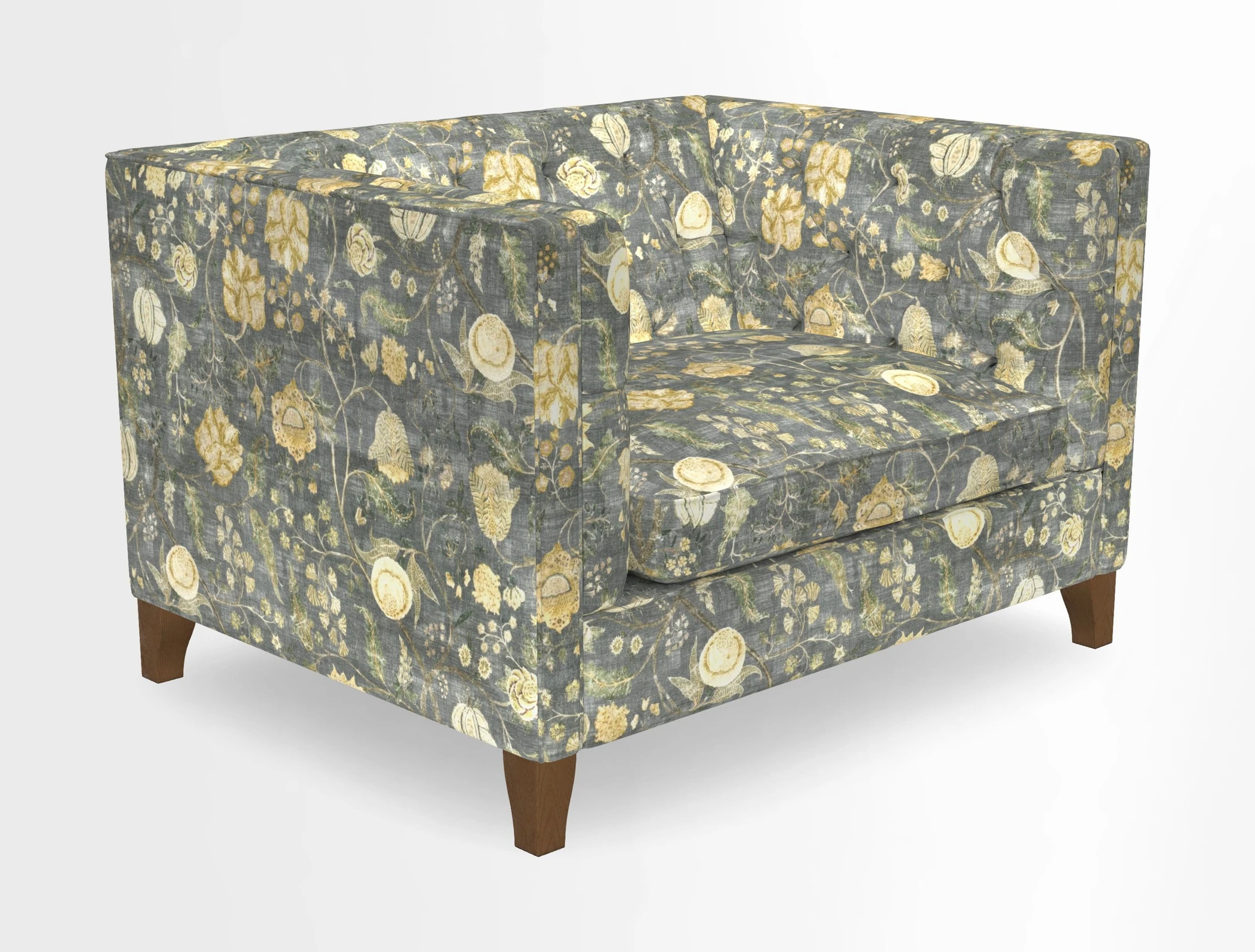 Haresfield Snuggler Dipped Arms in Mohair Lichen Seat Cushion in RHS Gertrude Jekyll Meadow Flower Olive and Scatters in RHS Gertrude Jekyll Folklore Olive