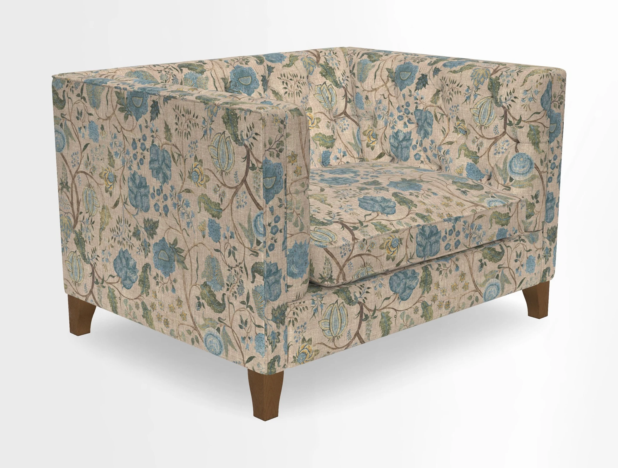 Haresfield Snuggler Dipped Arms in Mohair Lichen Seat Cushion in RHS Gertrude Jekyll Meadow Flower Olive and Scatters in RHS Gertrude Jekyll Folklore Olive