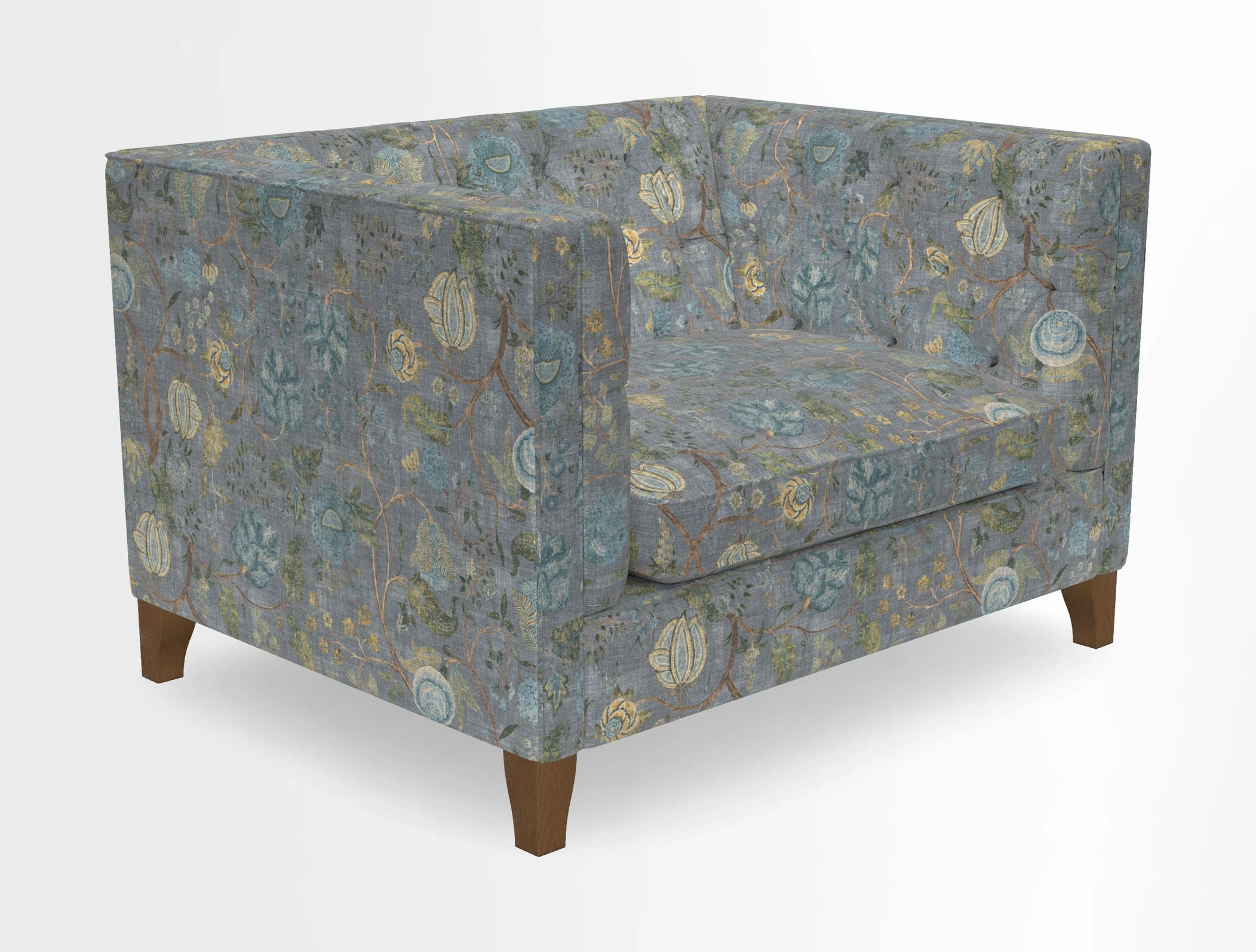 Haresfield Snuggler Dipped Arms in Mohair Lichen Seat Cushion in RHS Gertrude Jekyll Meadow Flower Olive and Scatters in RHS Gertrude Jekyll Folklore Olive
