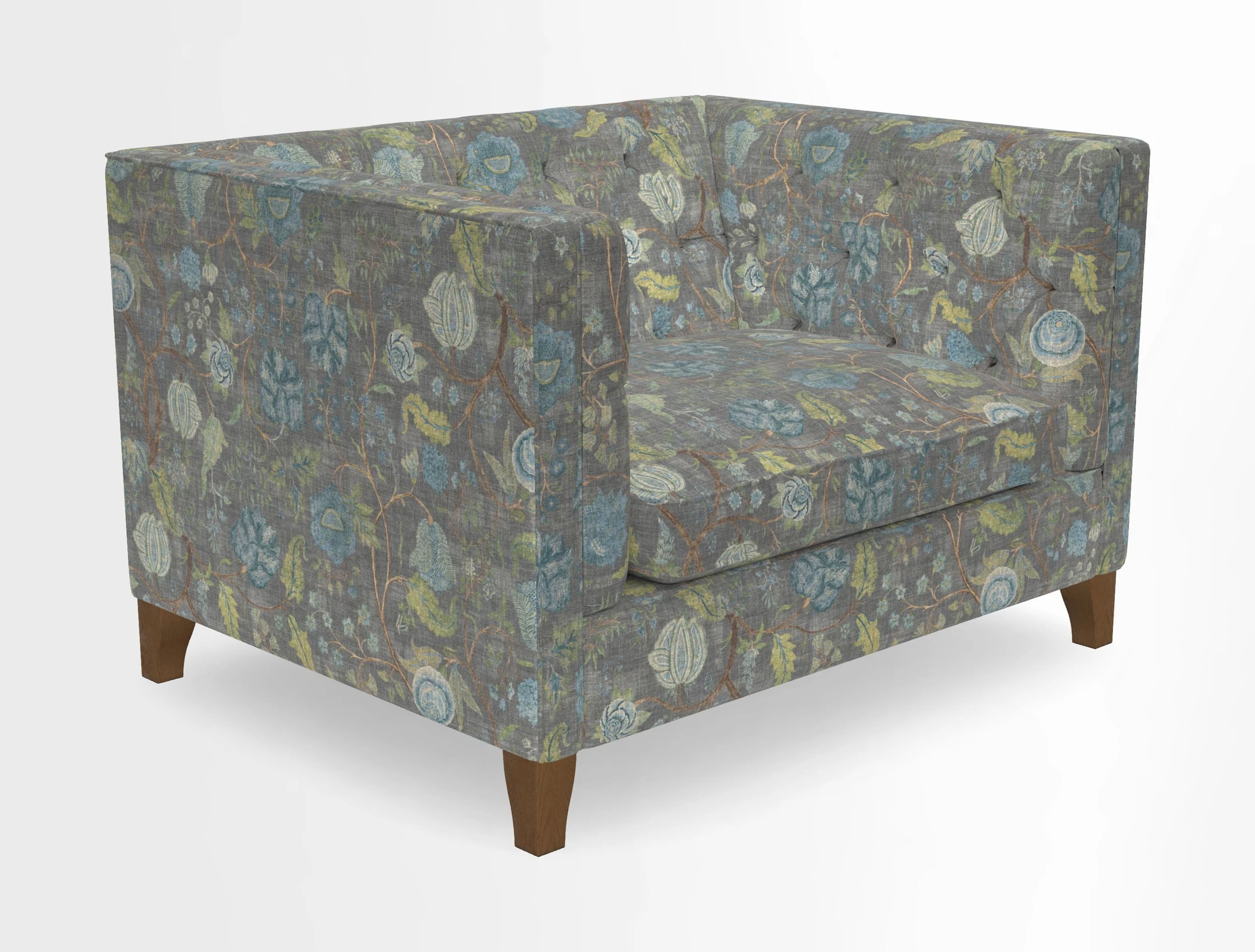 Haresfield Snuggler Dipped Arms in Mohair Lichen Seat Cushion in RHS Gertrude Jekyll Meadow Flower Olive and Scatters in RHS Gertrude Jekyll Folklore Olive