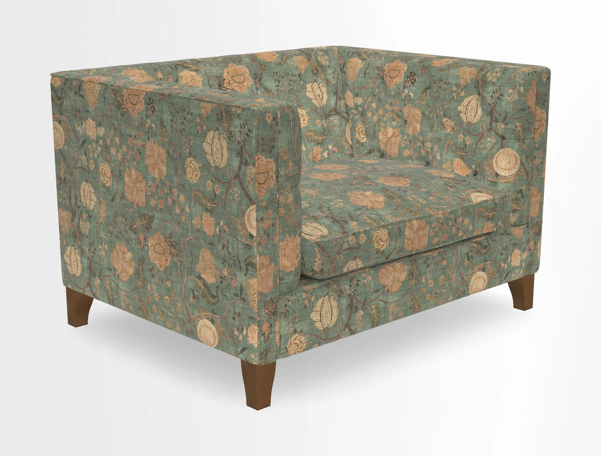 Haresfield Snuggler Dipped Arms in Mohair Lichen Seat Cushion in RHS Gertrude Jekyll Meadow Flower Olive and Scatters in RHS Gertrude Jekyll Folklore Olive