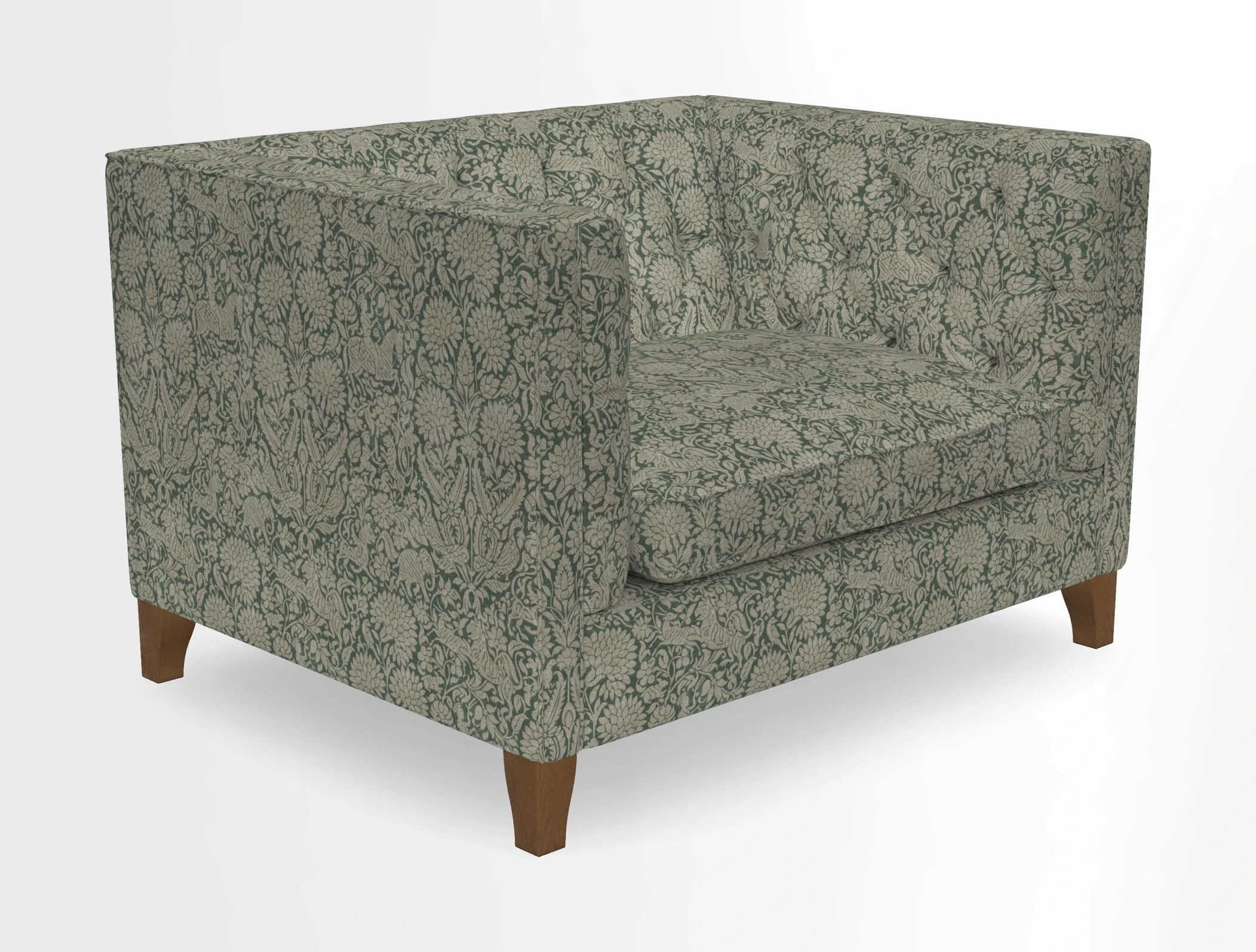 Haresfield Snuggler Dipped Arms in Mohair Lichen Seat Cushion in RHS Gertrude Jekyll Meadow Flower Olive and Scatters in RHS Gertrude Jekyll Folklore Olive