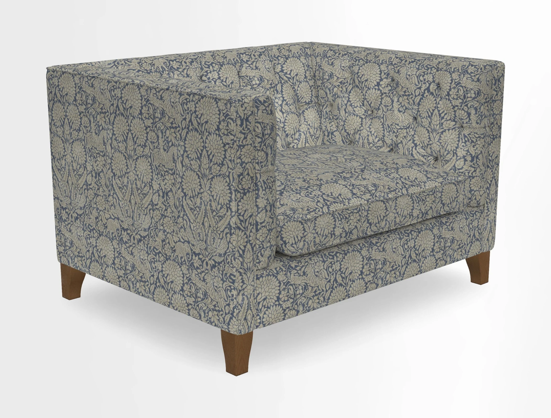 Haresfield Snuggler Dipped Arms in Mohair Lichen Seat Cushion in RHS Gertrude Jekyll Meadow Flower Olive and Scatters in RHS Gertrude Jekyll Folklore Olive
