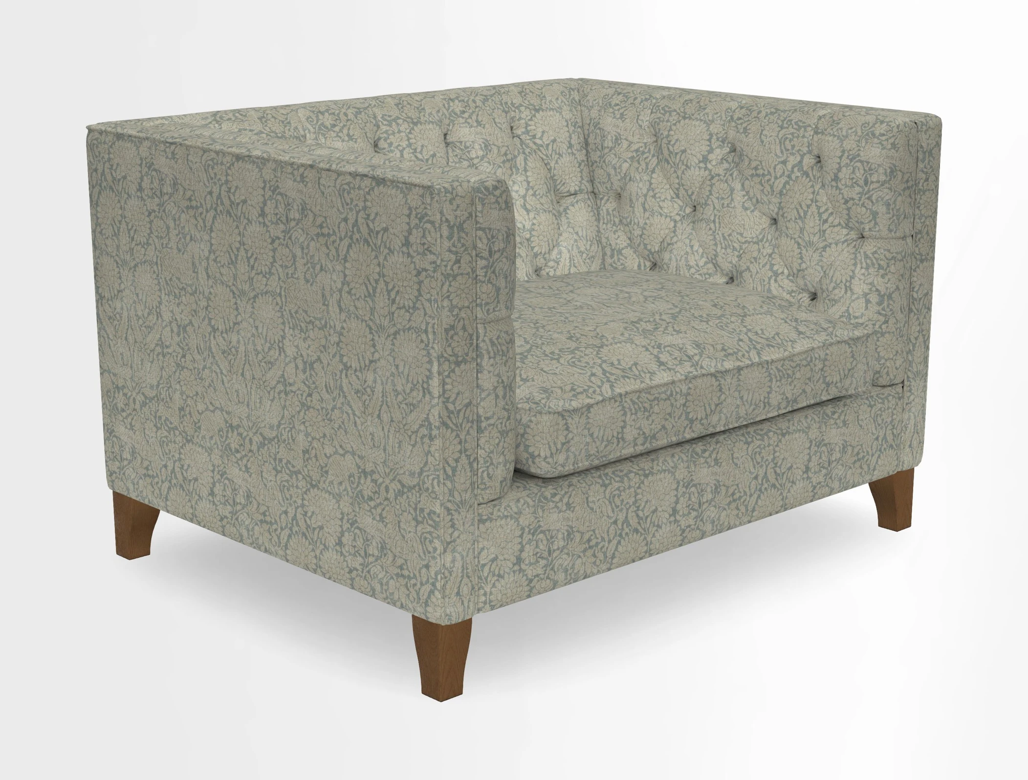 Haresfield Snuggler Dipped Arms in Mohair Lichen Seat Cushion in RHS Gertrude Jekyll Meadow Flower Olive and Scatters in RHS Gertrude Jekyll Folklore Olive