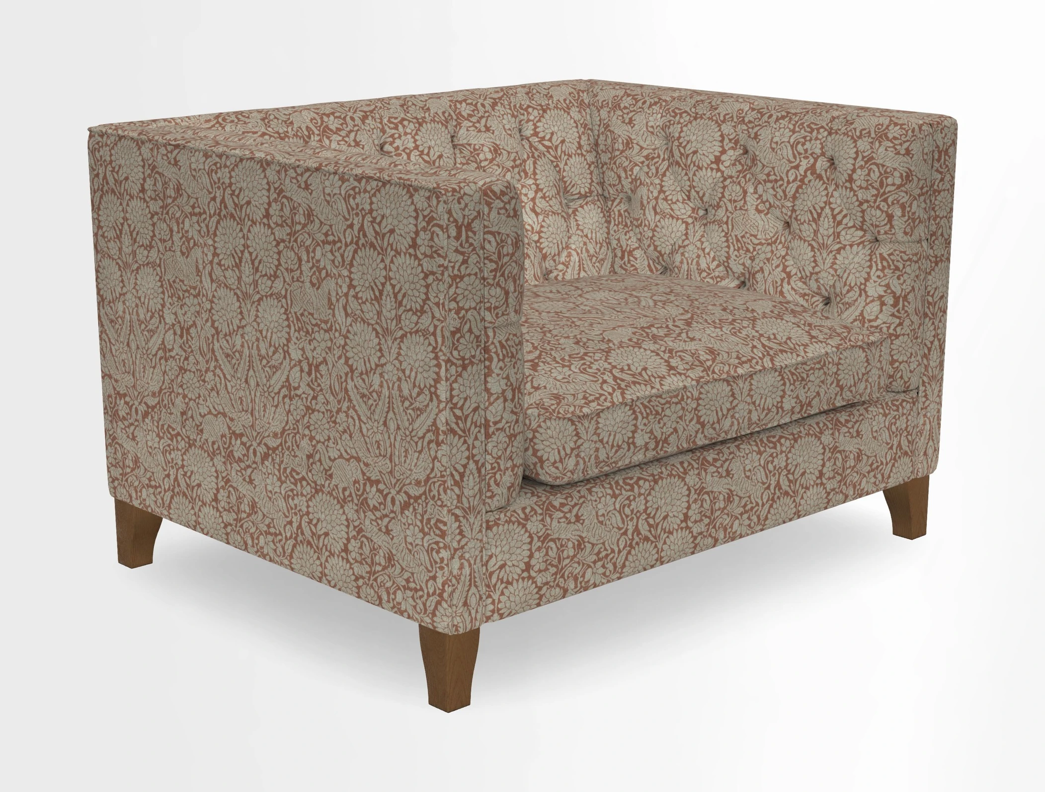 Haresfield Snuggler Dipped Arms in Mohair Lichen Seat Cushion in RHS Gertrude Jekyll Meadow Flower Olive and Scatters in RHS Gertrude Jekyll Folklore Olive