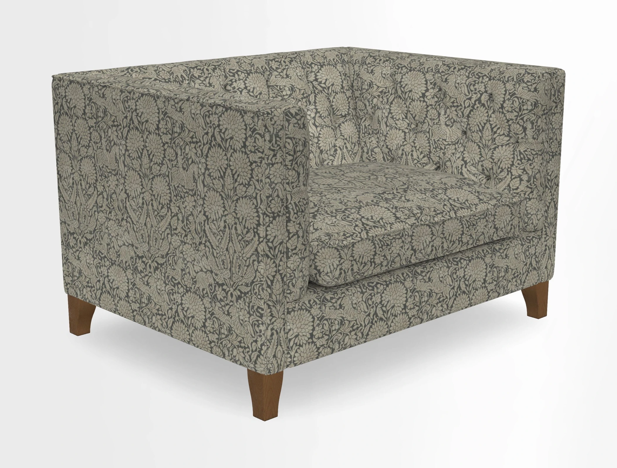Haresfield Snuggler Dipped Arms in Mohair Lichen Seat Cushion in RHS Gertrude Jekyll Meadow Flower Olive and Scatters in RHS Gertrude Jekyll Folklore Olive
