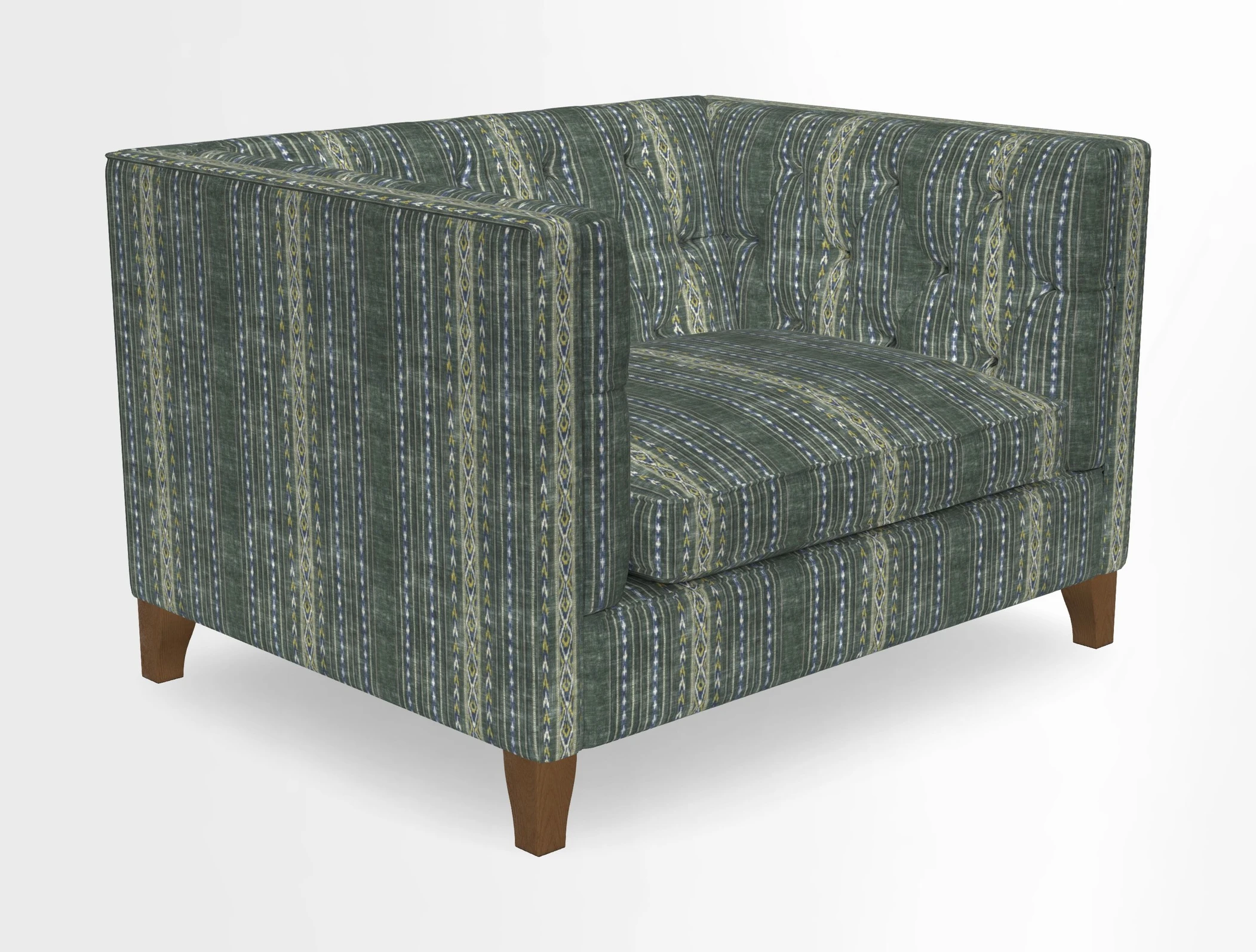 Haresfield Snuggler Dipped Arms in Mohair Lichen Seat Cushion in RHS Gertrude Jekyll Meadow Flower Olive and Scatters in RHS Gertrude Jekyll Folklore Olive