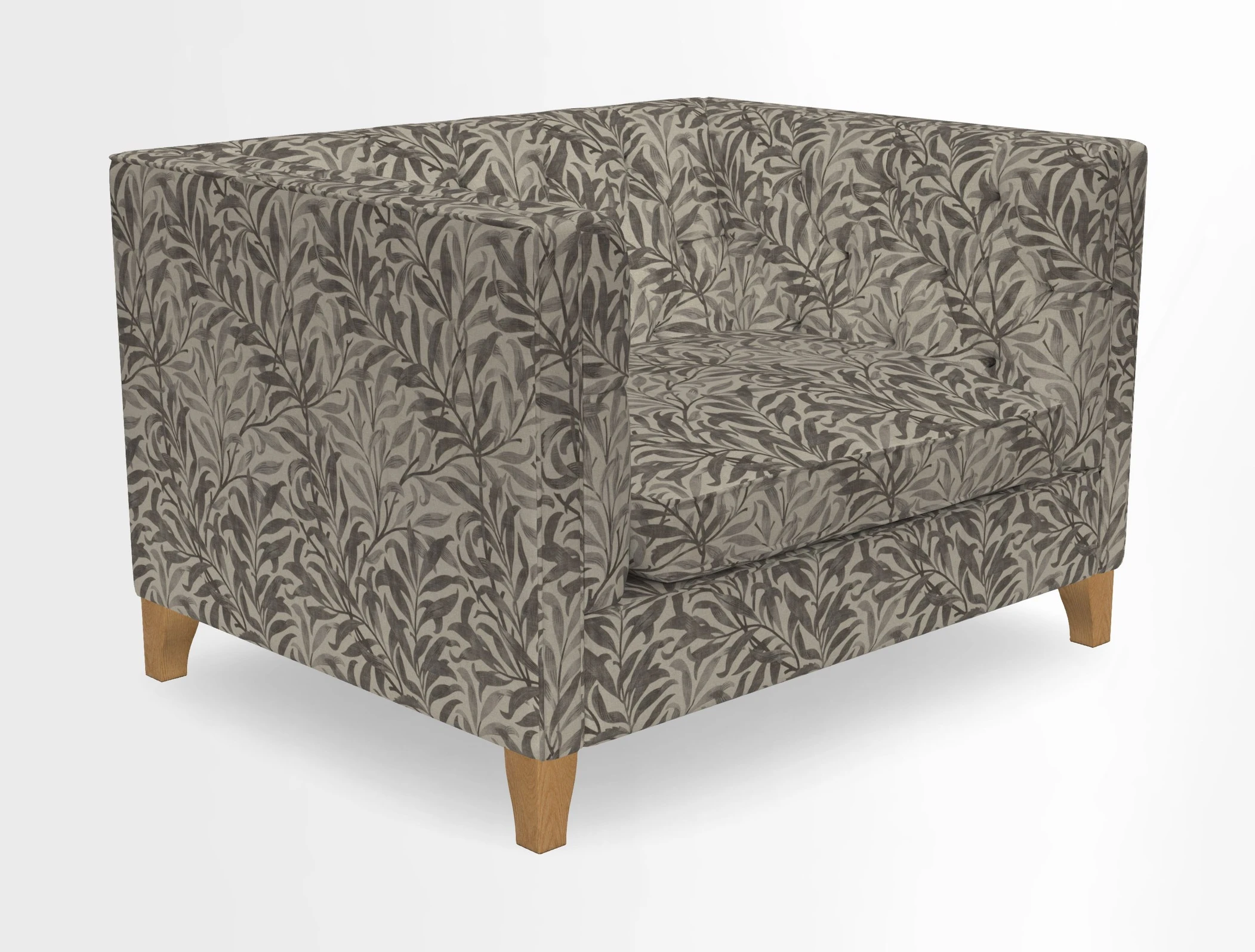Haresfield Snuggler Dipped Arms in Mohair Lichen Seat Cushion in RHS Gertrude Jekyll Meadow Flower Olive and Scatters in RHS Gertrude Jekyll Folklore Olive