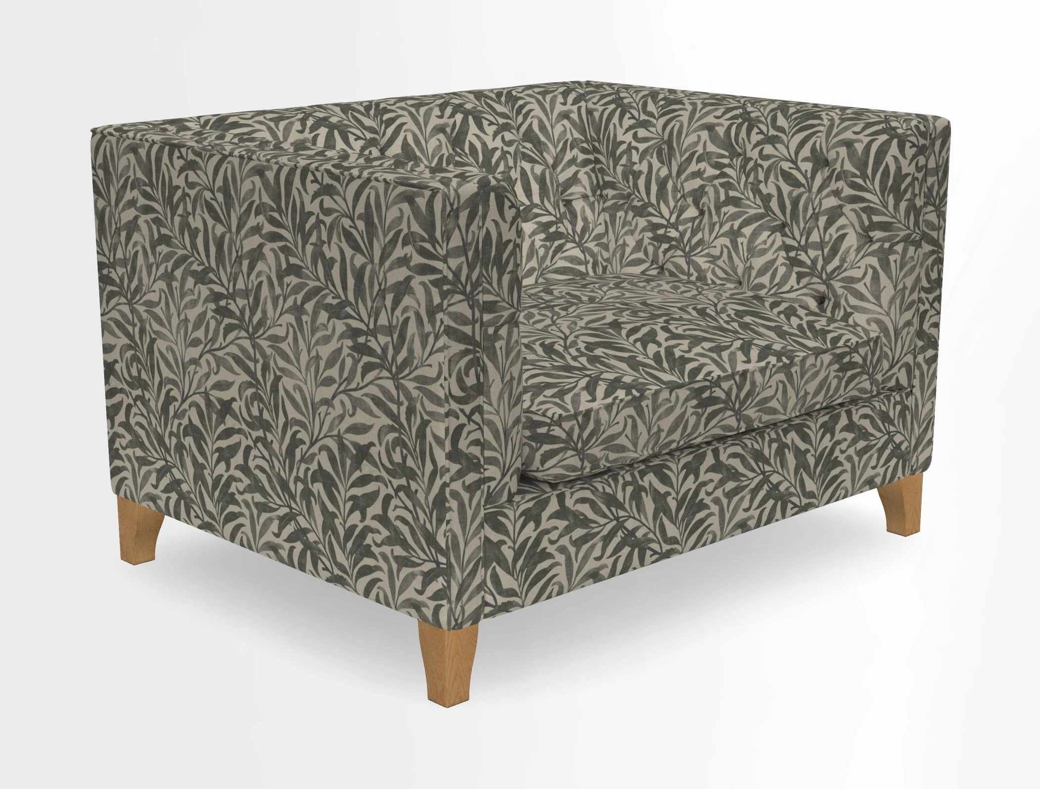 Haresfield Snuggler Dipped Arms in Mohair Lichen Seat Cushion in RHS Gertrude Jekyll Meadow Flower Olive and Scatters in RHS Gertrude Jekyll Folklore Olive