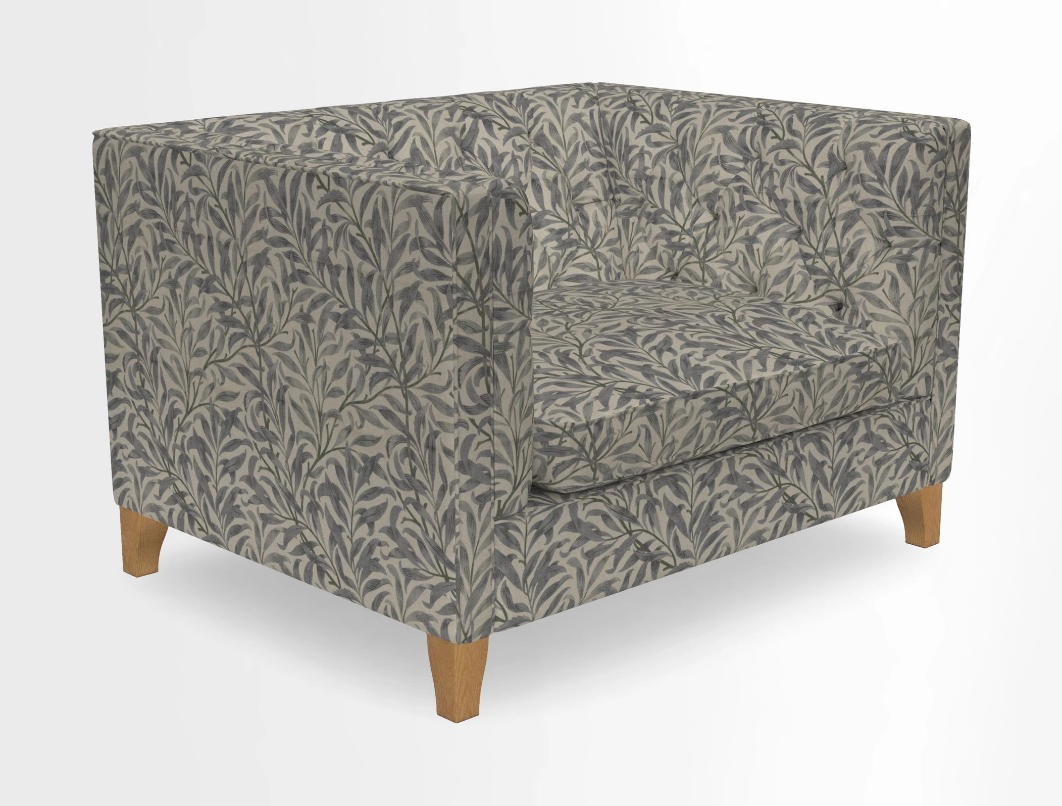 Haresfield Snuggler Dipped Arms in Mohair Lichen Seat Cushion in RHS Gertrude Jekyll Meadow Flower Olive and Scatters in RHS Gertrude Jekyll Folklore Olive