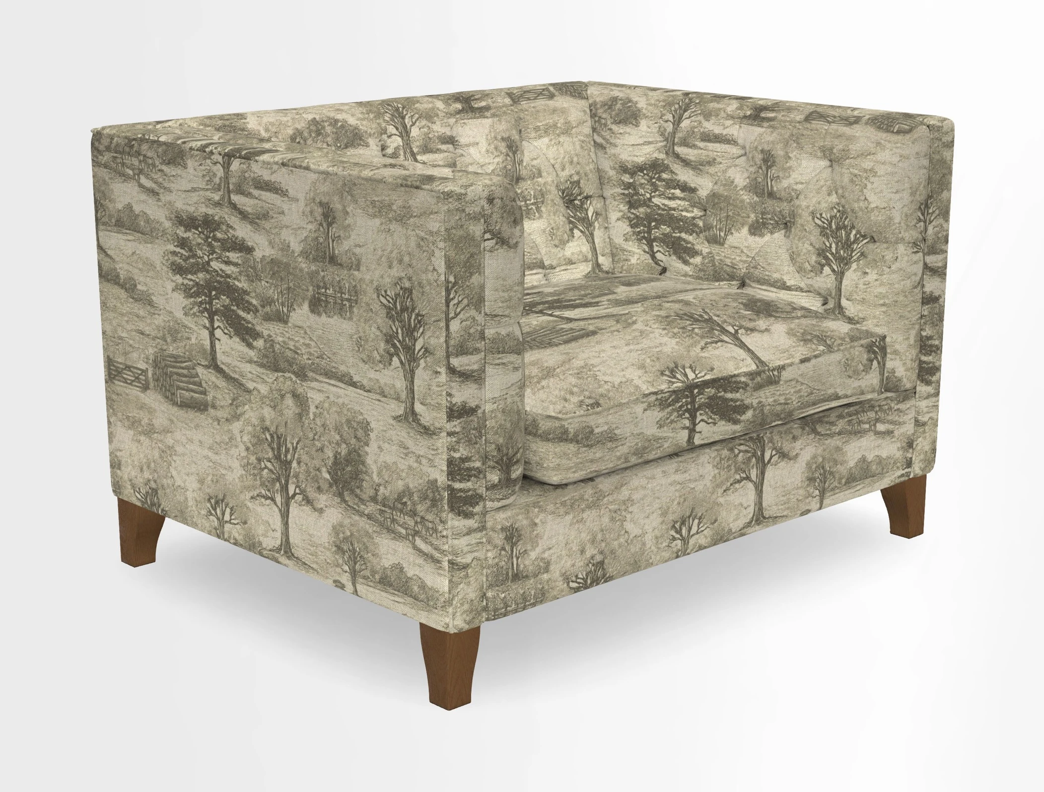 Haresfield Snuggler Dipped Arms in Mohair Lichen Seat Cushion in RHS Gertrude Jekyll Meadow Flower Olive and Scatters in RHS Gertrude Jekyll Folklore Olive