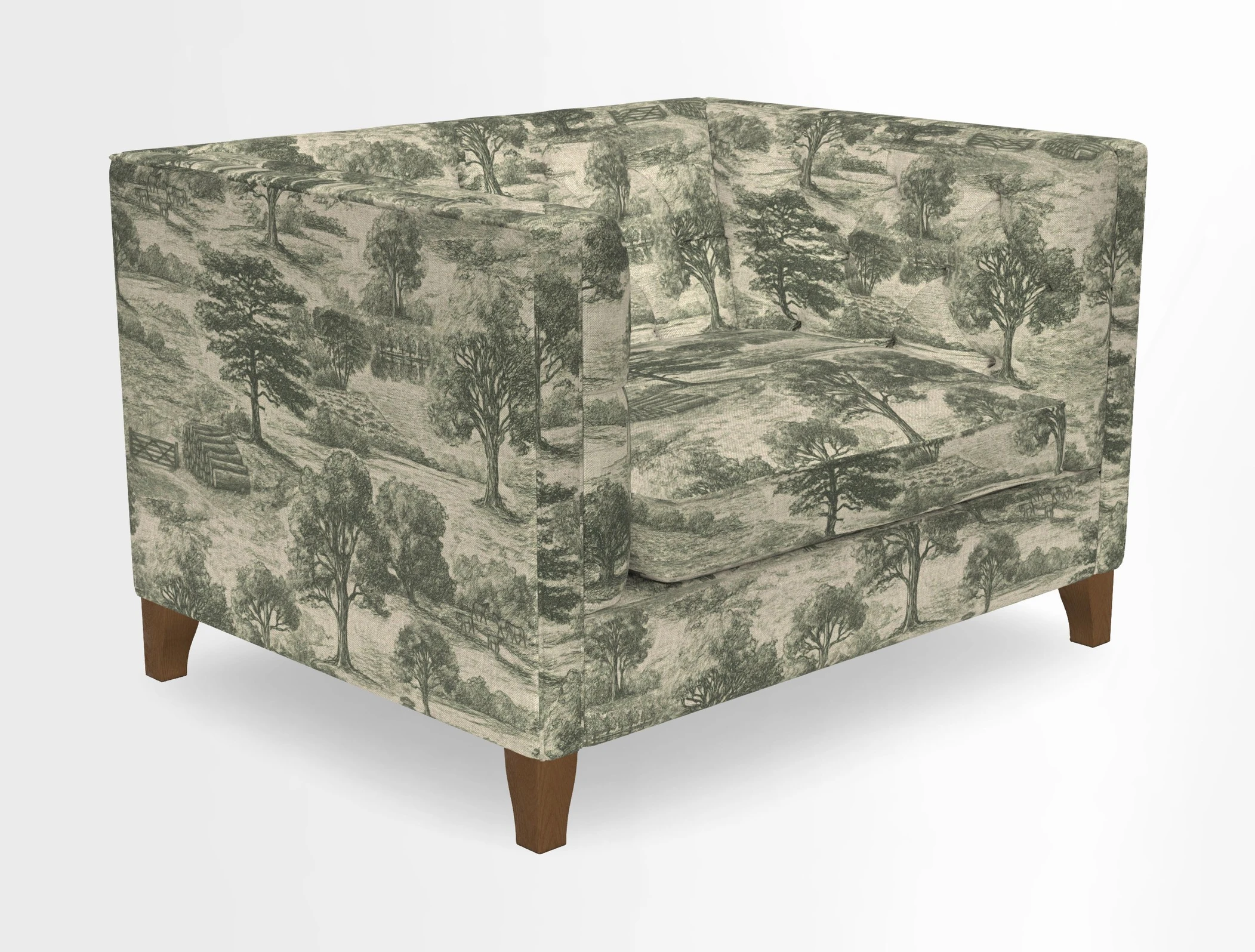 Haresfield Snuggler Dipped Arms in Mohair Lichen Seat Cushion in RHS Gertrude Jekyll Meadow Flower Olive and Scatters in RHS Gertrude Jekyll Folklore Olive
