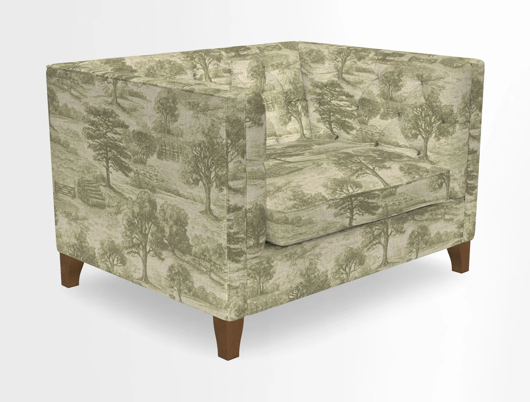Haresfield Snuggler Dipped Arms in Mohair Lichen Seat Cushion in RHS Gertrude Jekyll Meadow Flower Olive and Scatters in RHS Gertrude Jekyll Folklore Olive