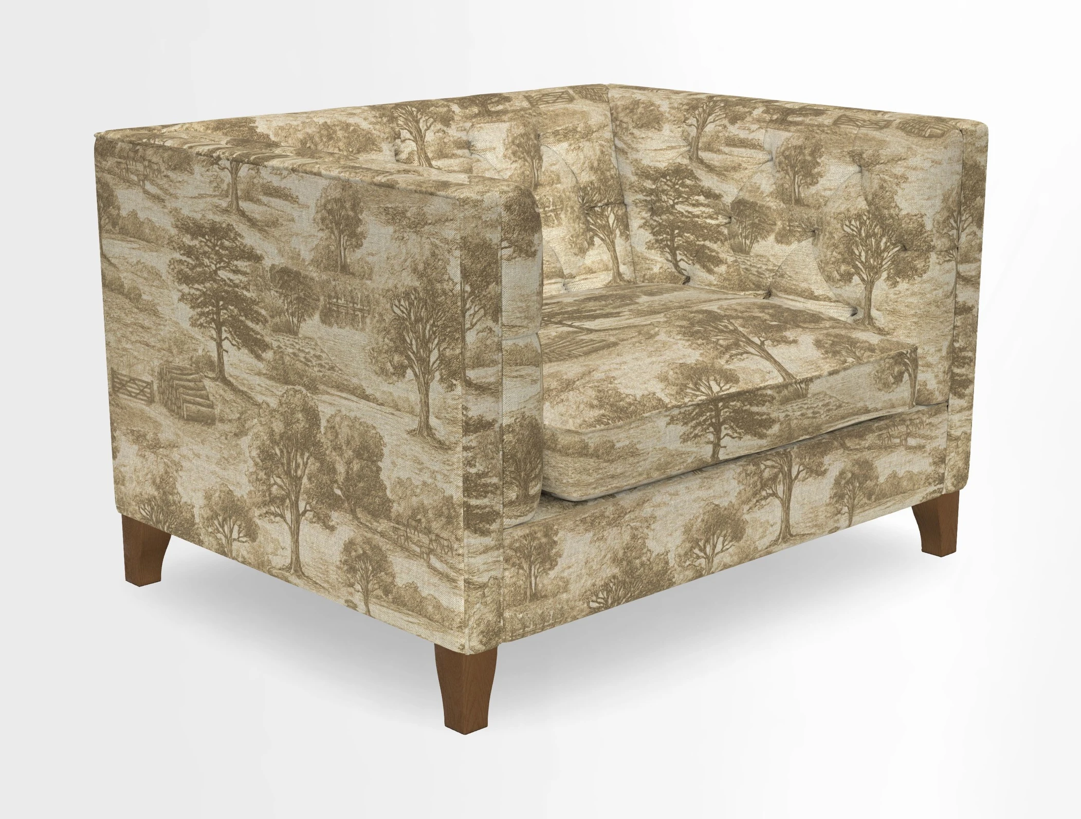 Haresfield Snuggler Dipped Arms in Mohair Lichen Seat Cushion in RHS Gertrude Jekyll Meadow Flower Olive and Scatters in RHS Gertrude Jekyll Folklore Olive