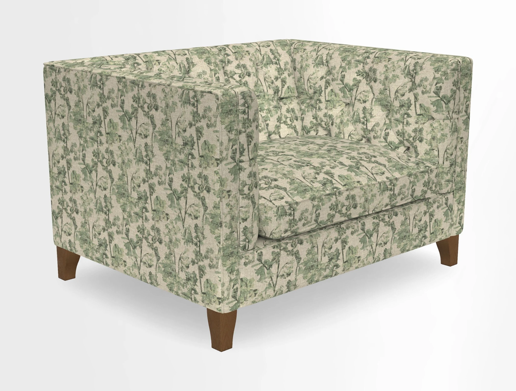 Haresfield Snuggler Dipped Arms in Mohair Lichen Seat Cushion in RHS Gertrude Jekyll Meadow Flower Olive and Scatters in RHS Gertrude Jekyll Folklore Olive