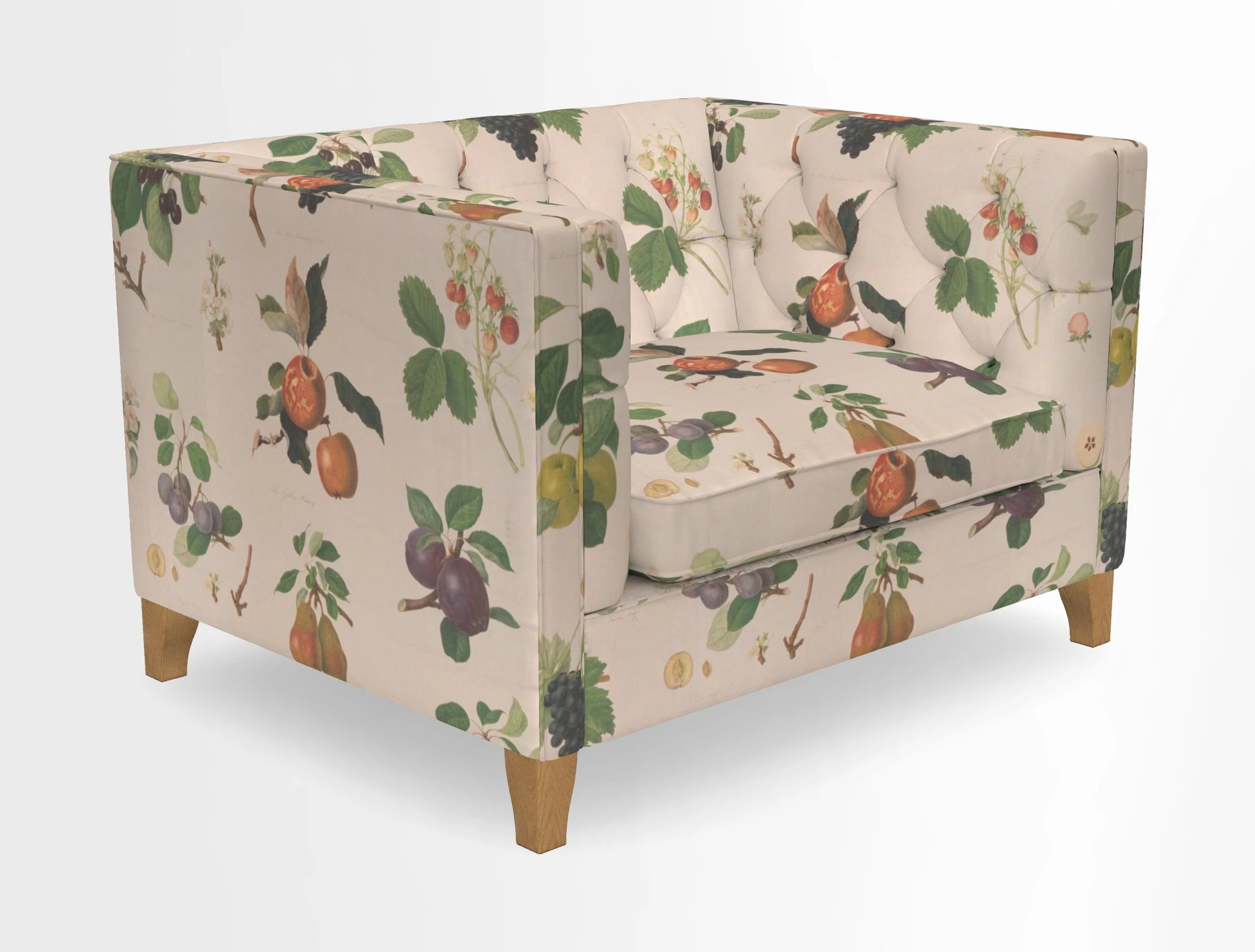 Haresfield Snuggler Dipped Arms in Mohair Lichen Seat Cushion in RHS Gertrude Jekyll Meadow Flower Olive and Scatters in RHS Gertrude Jekyll Folklore Olive