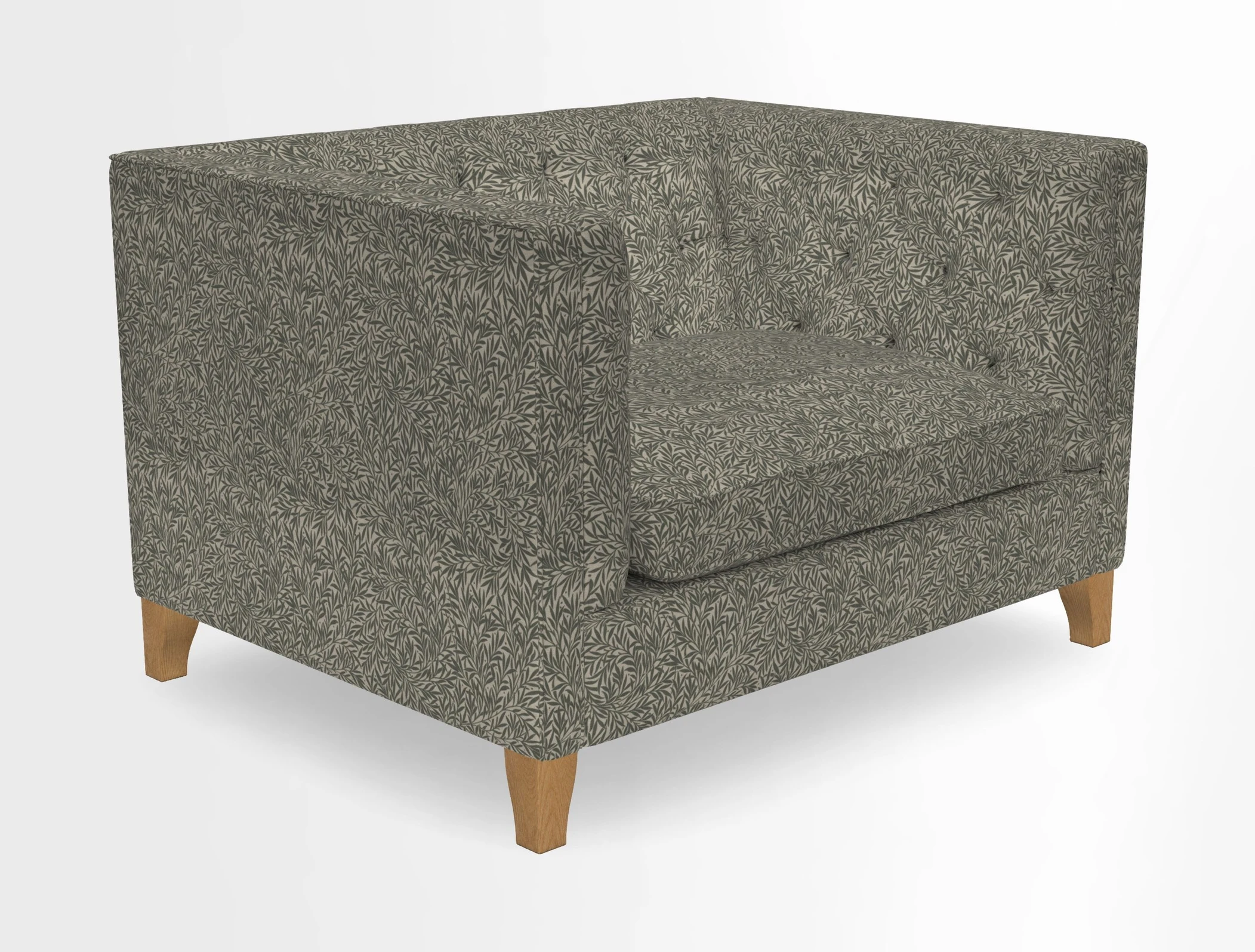 Haresfield Snuggler Dipped Arms in Mohair Lichen Seat Cushion in RHS Gertrude Jekyll Meadow Flower Olive and Scatters in RHS Gertrude Jekyll Folklore Olive