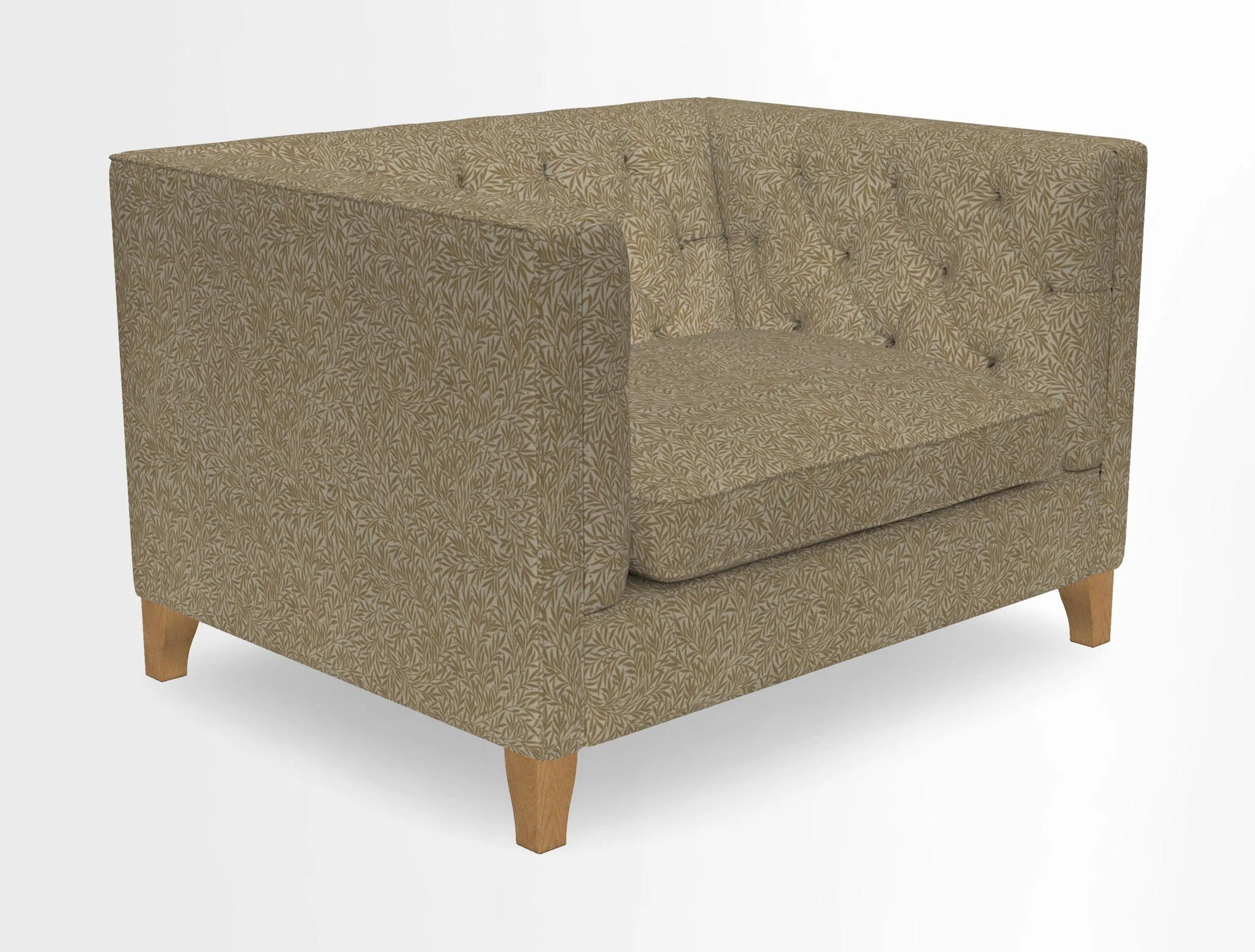 Haresfield Snuggler Dipped Arms in Mohair Lichen Seat Cushion in RHS Gertrude Jekyll Meadow Flower Olive and Scatters in RHS Gertrude Jekyll Folklore Olive