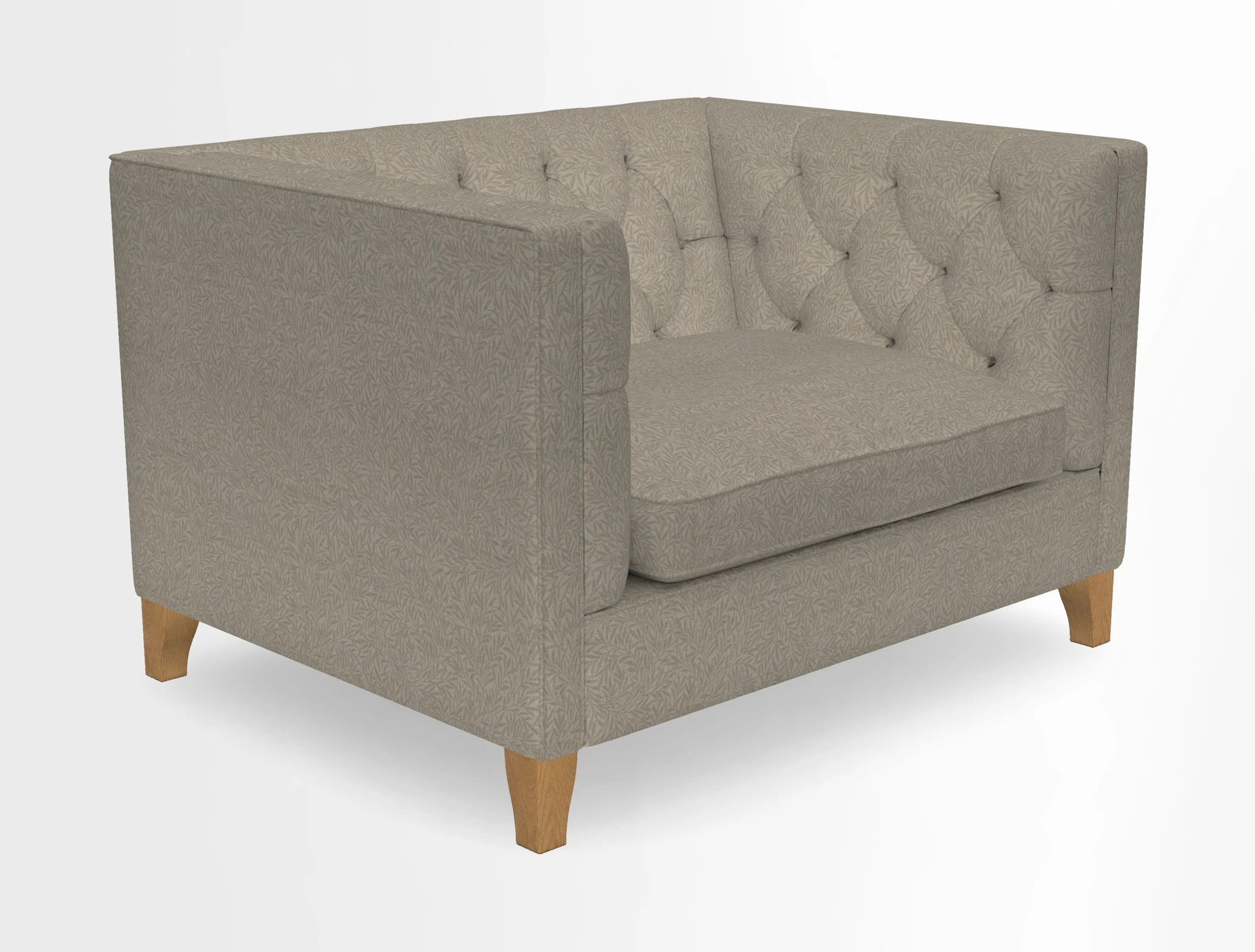 Haresfield Snuggler Dipped Arms in Mohair Lichen Seat Cushion in RHS Gertrude Jekyll Meadow Flower Olive and Scatters in RHS Gertrude Jekyll Folklore Olive