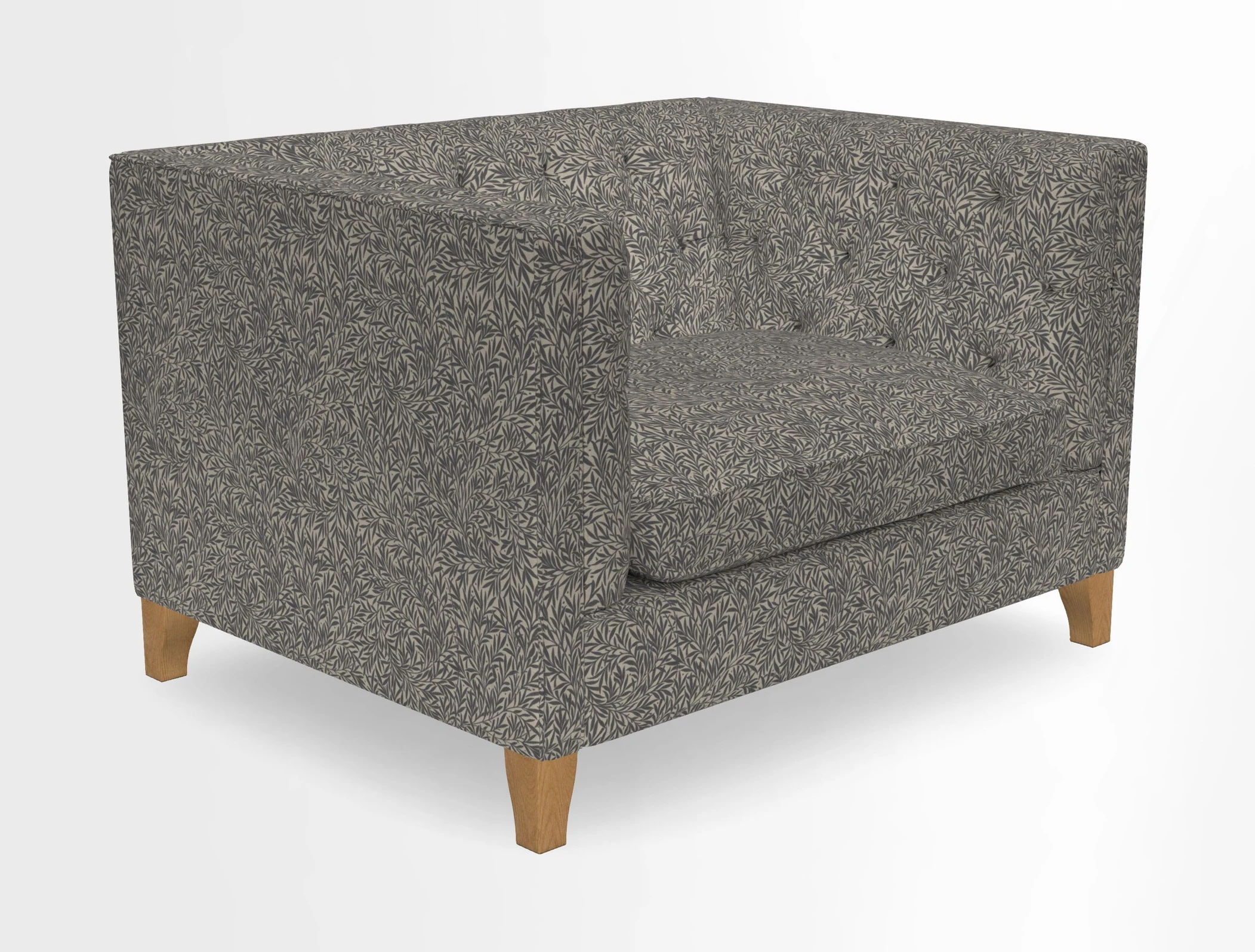 Haresfield Snuggler Dipped Arms in Mohair Lichen Seat Cushion in RHS Gertrude Jekyll Meadow Flower Olive and Scatters in RHS Gertrude Jekyll Folklore Olive