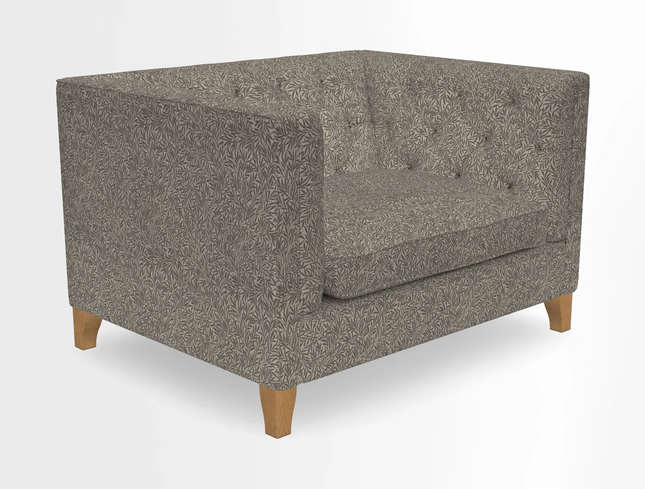 Haresfield Snuggler Dipped Arms in Mohair Lichen Seat Cushion in RHS Gertrude Jekyll Meadow Flower Olive and Scatters in RHS Gertrude Jekyll Folklore Olive