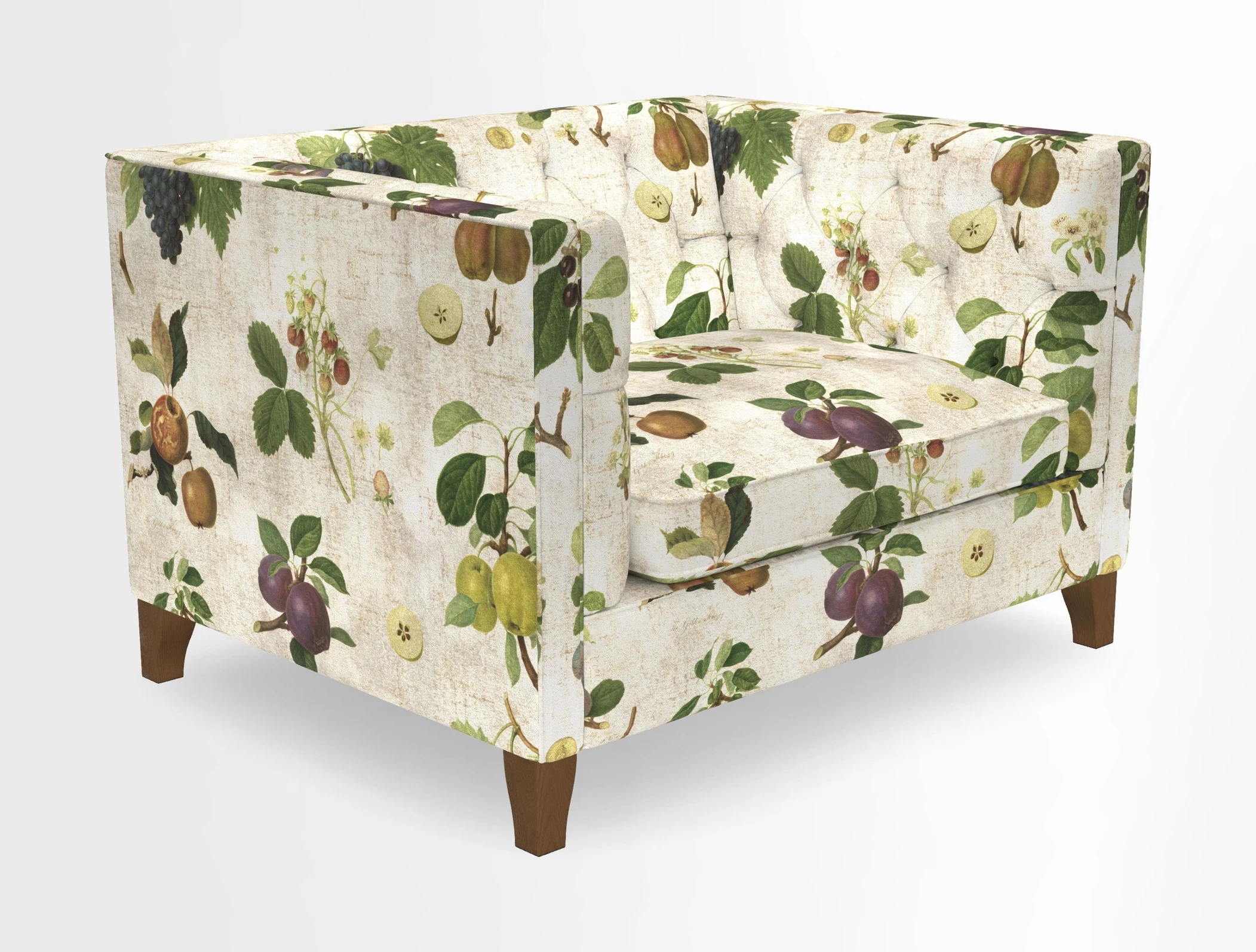 Haresfield Snuggler Dipped Arms in Mohair Lichen Seat Cushion in RHS Gertrude Jekyll Meadow Flower Olive and Scatters in RHS Gertrude Jekyll Folklore Olive