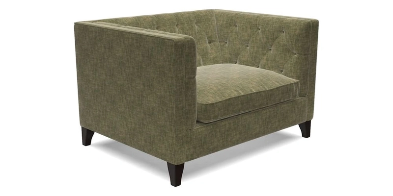 Haresfield Snuggler Dipped Arms in Mohair Lichen Seat Cushion in RHS Gertrude Jekyll Meadow Flower Olive and Scatters in RHS Gertrude Jekyll Folklore Olive