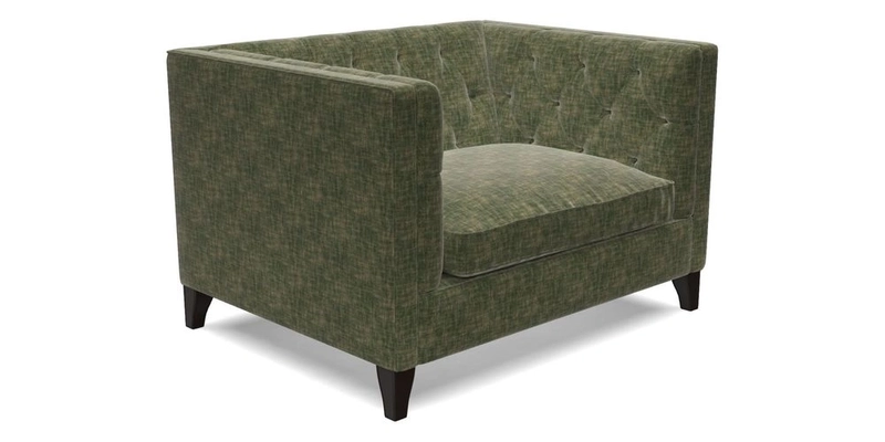 Haresfield Snuggler Dipped Arms in Mohair Lichen Seat Cushion in RHS Gertrude Jekyll Meadow Flower Olive and Scatters in RHS Gertrude Jekyll Folklore Olive