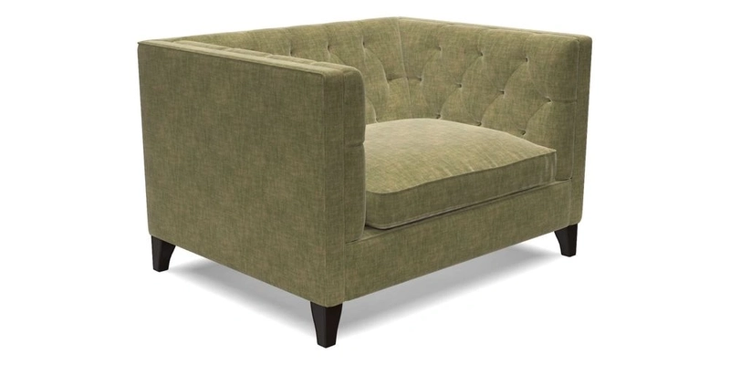 Haresfield Snuggler Dipped Arms in Mohair Lichen Seat Cushion in RHS Gertrude Jekyll Meadow Flower Olive and Scatters in RHS Gertrude Jekyll Folklore Olive