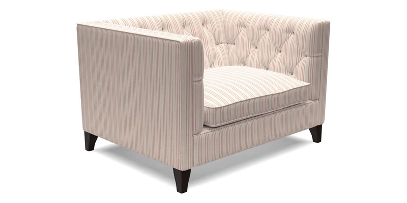 Haresfield Snuggler Dipped Arms in Mohair Lichen Seat Cushion in RHS Gertrude Jekyll Meadow Flower Olive and Scatters in RHS Gertrude Jekyll Folklore Olive