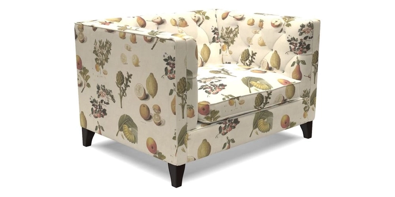 Haresfield Snuggler Dipped Arms in Mohair Lichen Seat Cushion in RHS Gertrude Jekyll Meadow Flower Olive and Scatters in RHS Gertrude Jekyll Folklore Olive