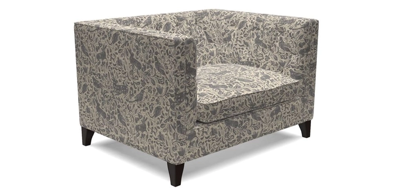 Haresfield Snuggler Dipped Arms in Mohair Lichen Seat Cushion in RHS Gertrude Jekyll Meadow Flower Olive and Scatters in RHS Gertrude Jekyll Folklore Olive