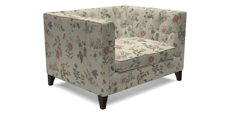 Haresfield Snuggler Dipped Arms in Mohair Lichen Seat Cushion in RHS Gertrude Jekyll Meadow Flower Olive and Scatters in RHS Gertrude Jekyll Folklore Olive