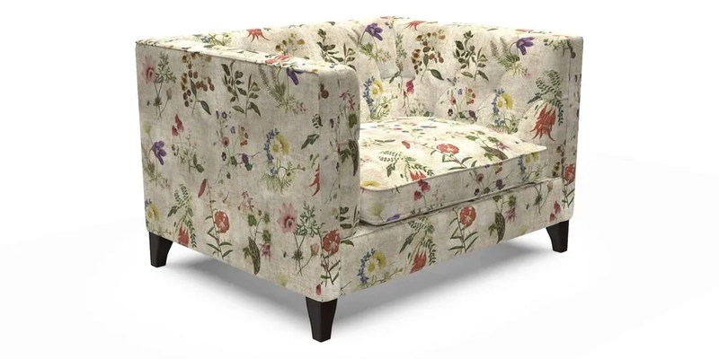 Haresfield Snuggler Dipped Arms in Mohair Lichen Seat Cushion in RHS Gertrude Jekyll Meadow Flower Olive and Scatters in RHS Gertrude Jekyll Folklore Olive