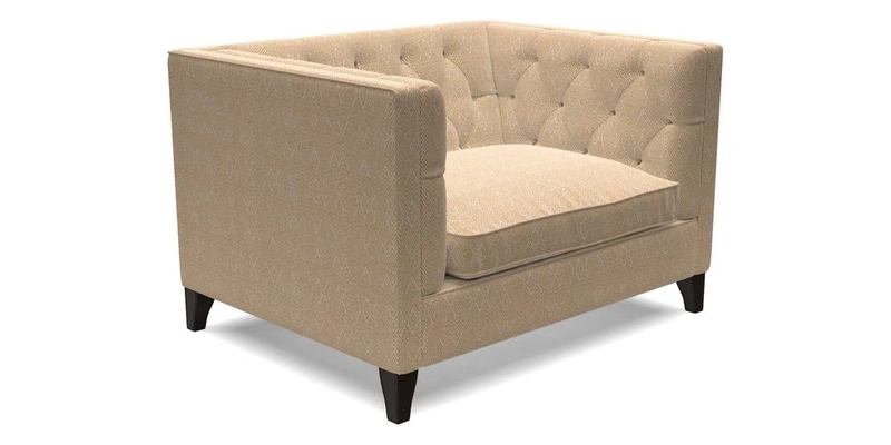 Haresfield Snuggler Dipped Arms in Mohair Lichen Seat Cushion in RHS Gertrude Jekyll Meadow Flower Olive and Scatters in RHS Gertrude Jekyll Folklore Olive