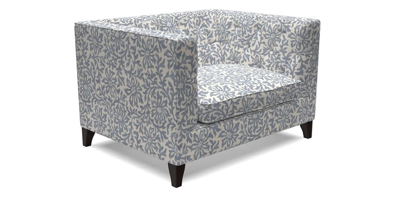 Haresfield Snuggler Dipped Arms in Mohair Lichen Seat Cushion in RHS Gertrude Jekyll Meadow Flower Olive and Scatters in RHS Gertrude Jekyll Folklore Olive